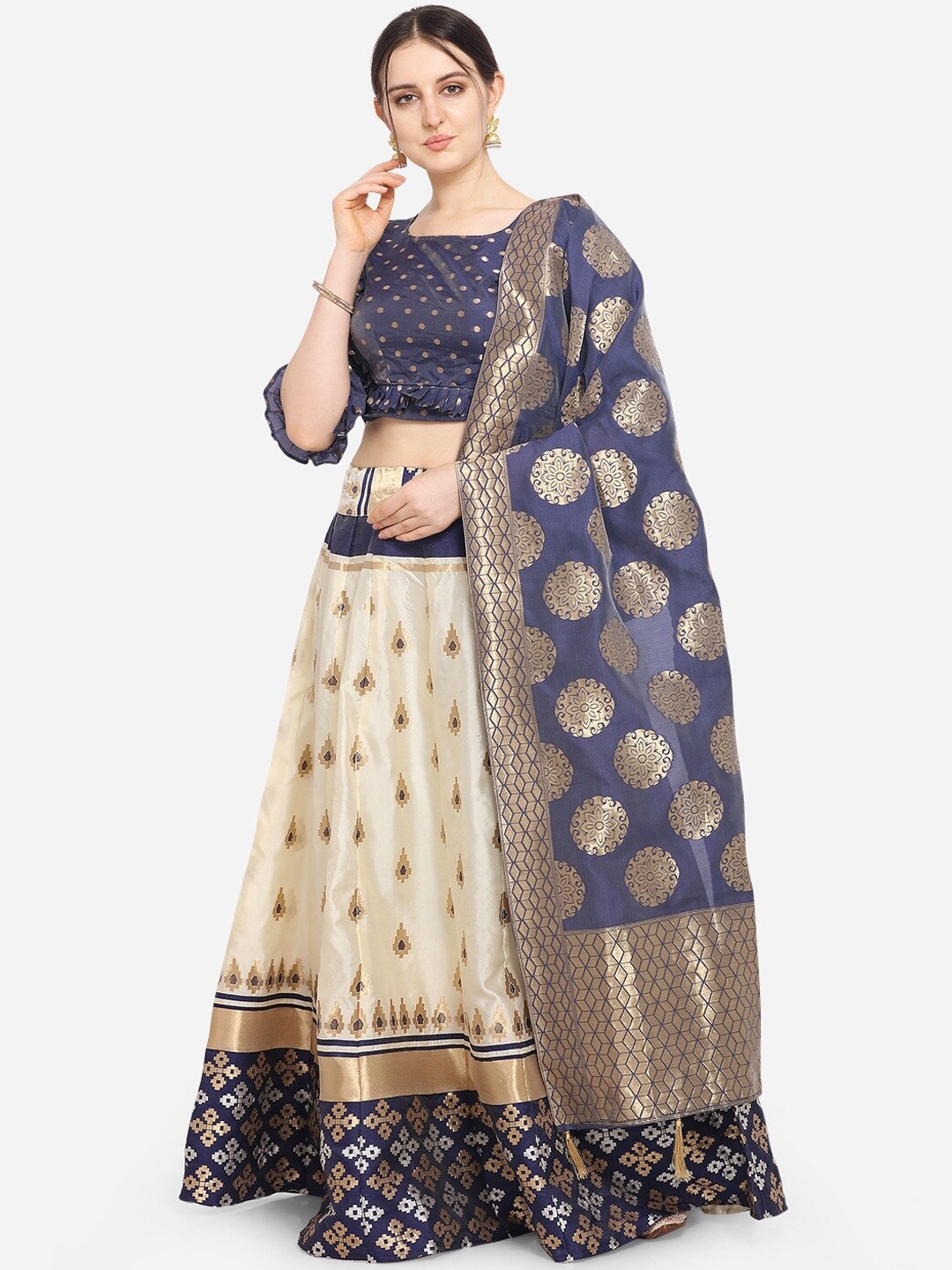 

PURVAJA Women Cream Coloured & Navy Blue Jacquard Woven Design Semi Stitched Lehenga & Unstitched Choli With Dupatta