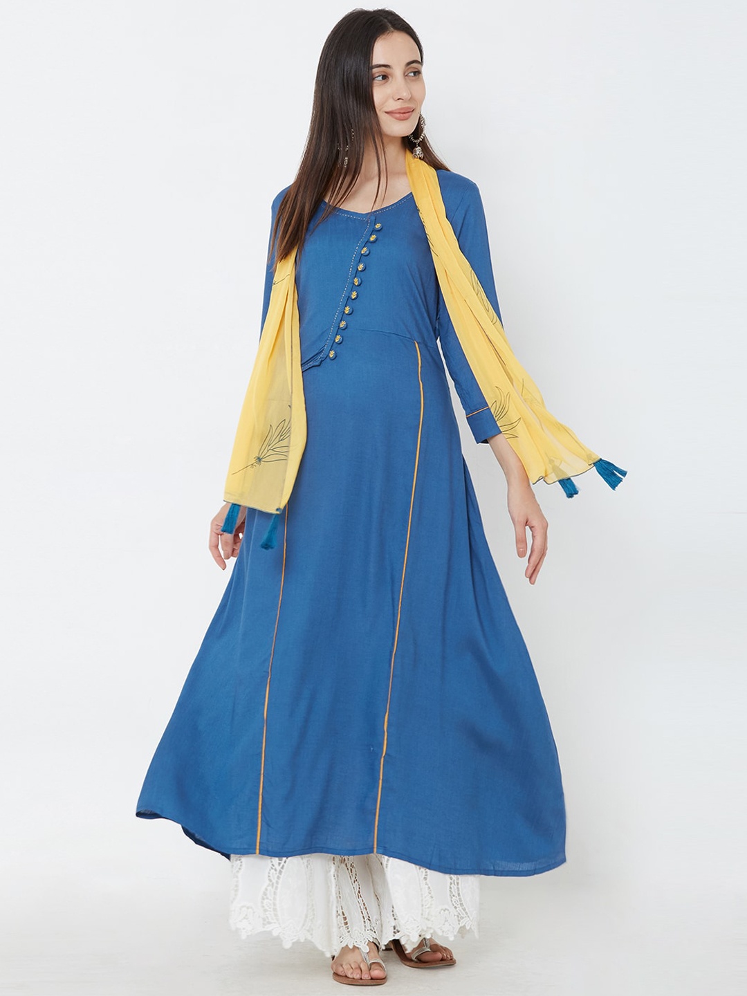 

FASHOR Women Blue Solid A-Line Panelled Kurta with Sideway