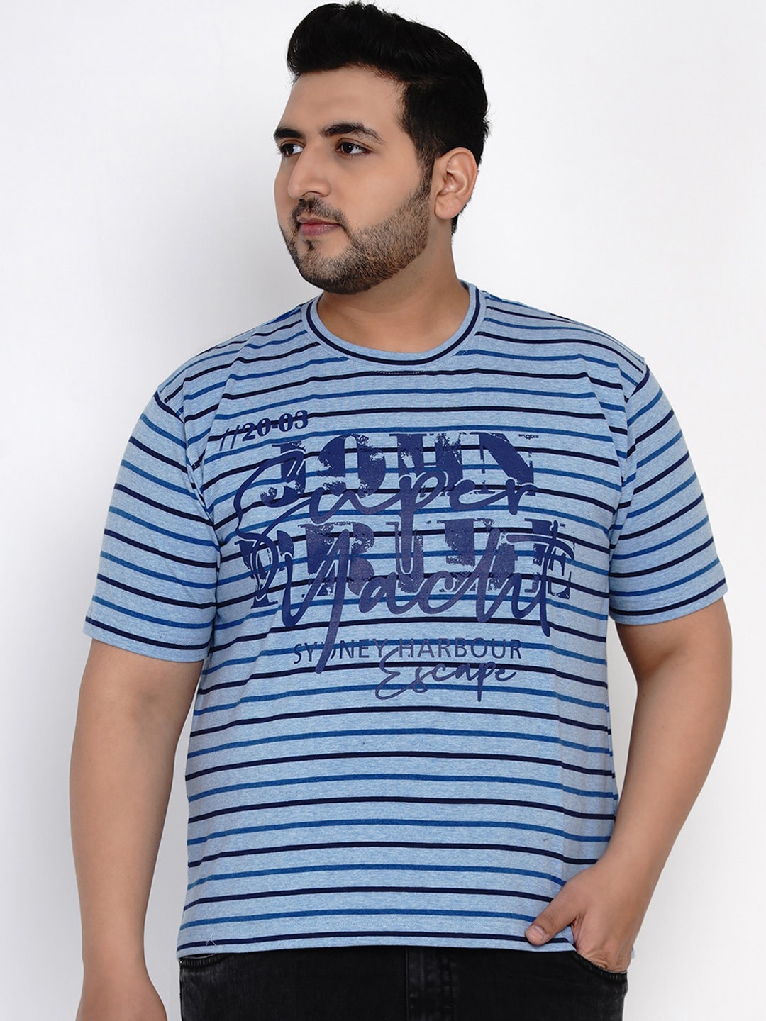 

John Pride Plus Size Striped Round Neck T-shirt, Blue
