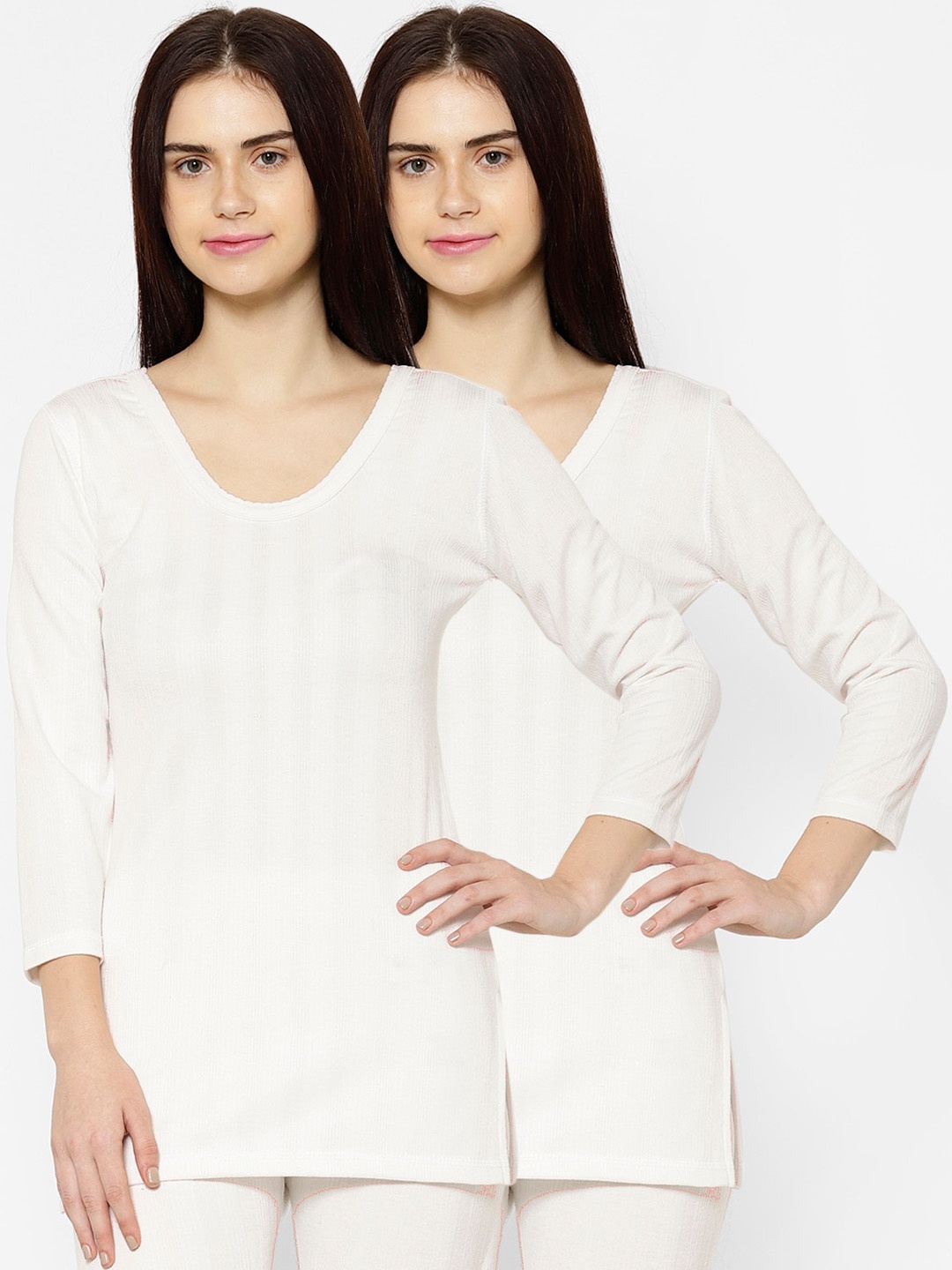 

VIMAL JONNEY Women Pack Of 2 White Striped Thermal Tops