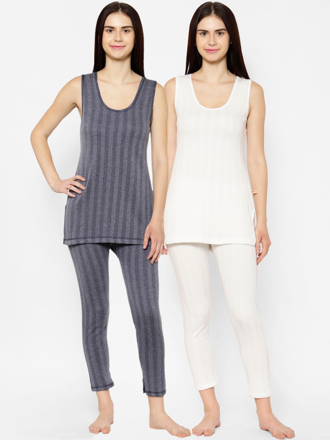 

VIMAL JONNEY Women Pack Of 2 Striped Thermal Sets, White