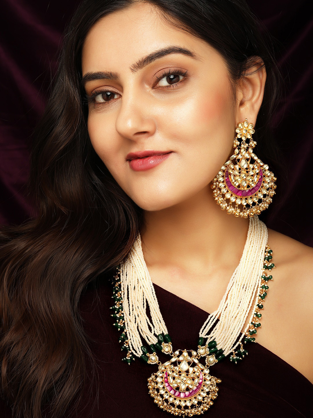 

Rubans 24K Gold-Plated White & Pink Pachi Kundan Studded Pearl Beaded Multistranded Necklace Set