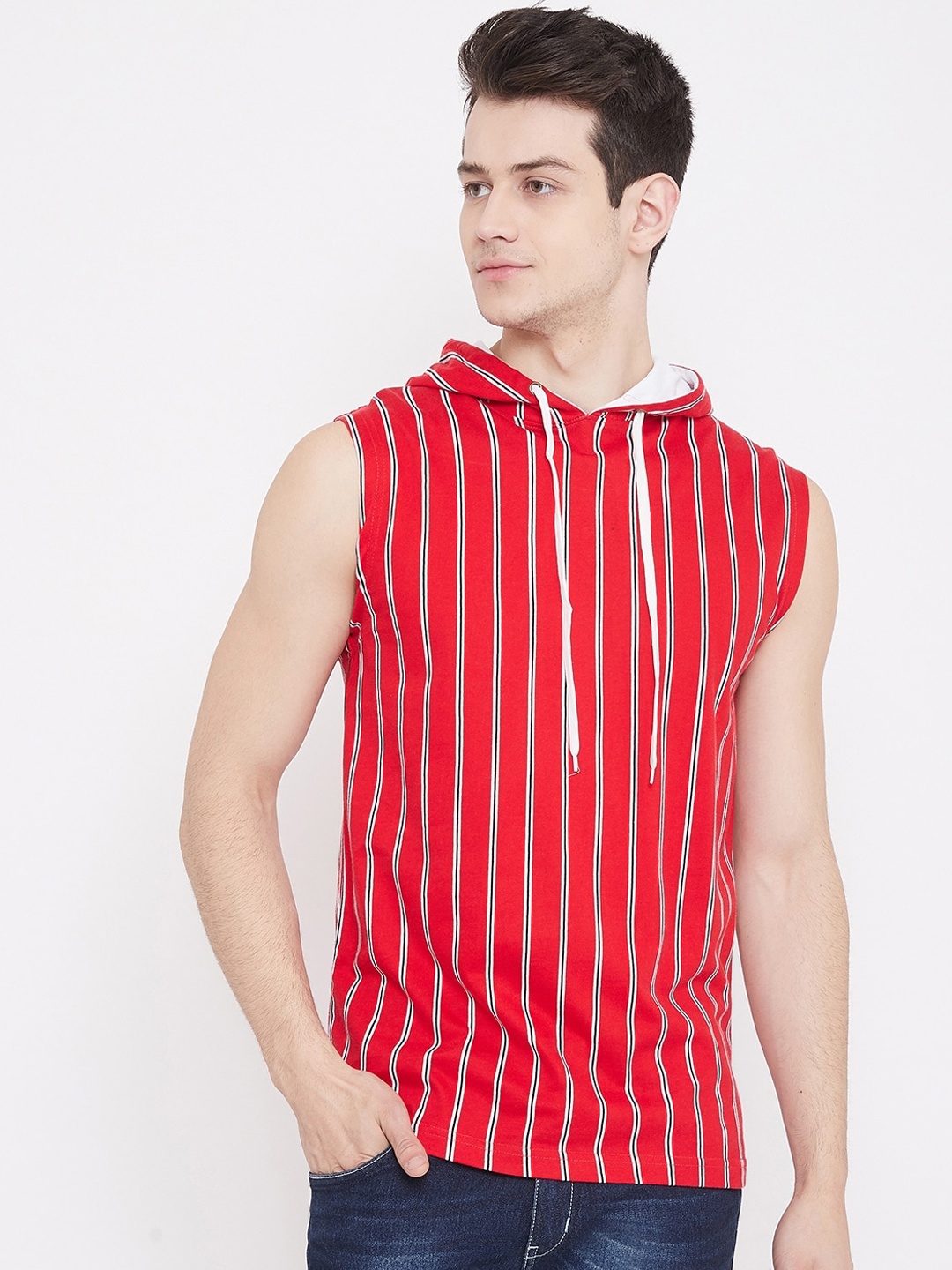 

Rodzen Men Red Striped Hood T-shirt
