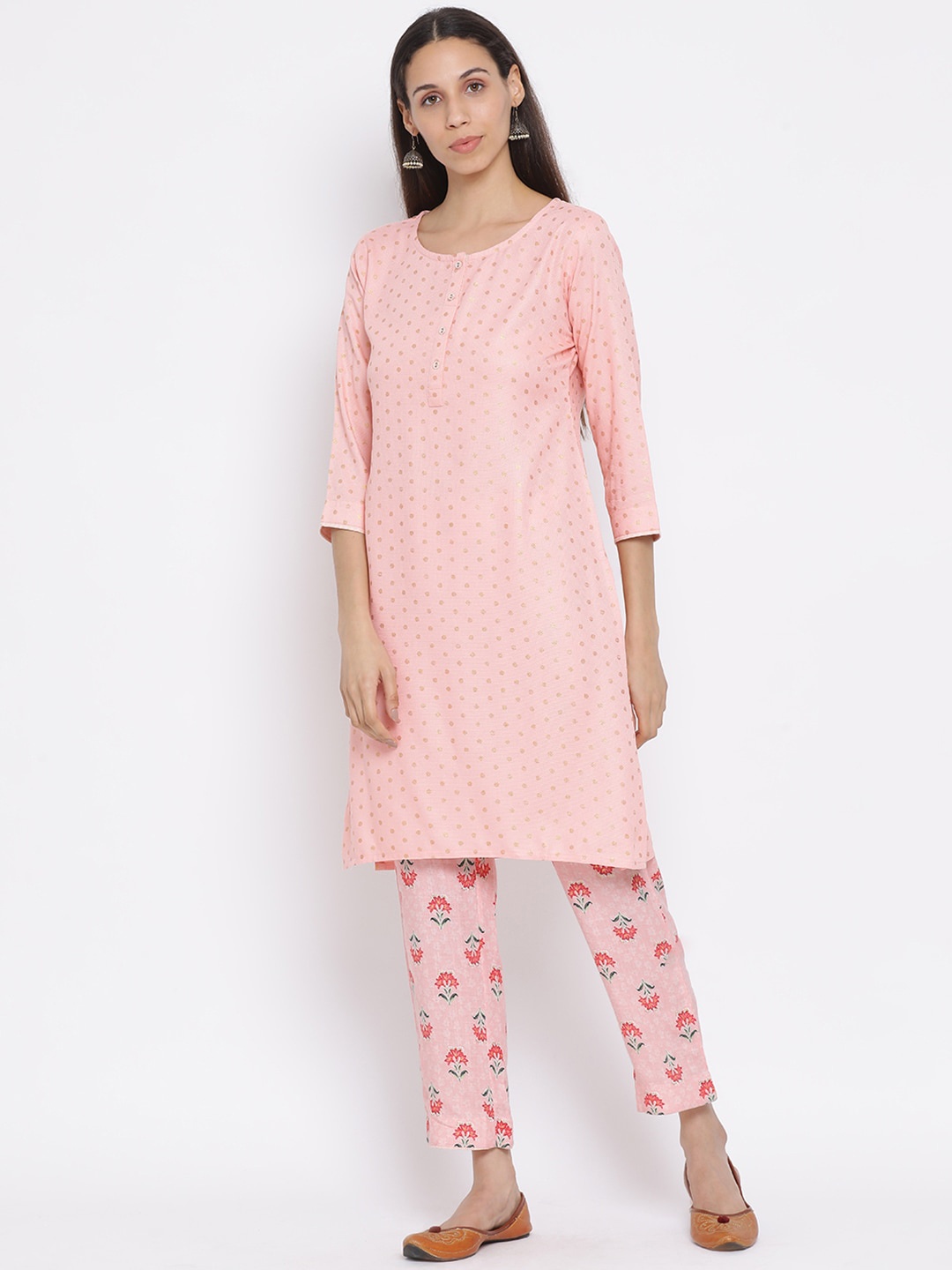 

Span Women Pink Cotton Printed Kurta with Trousers