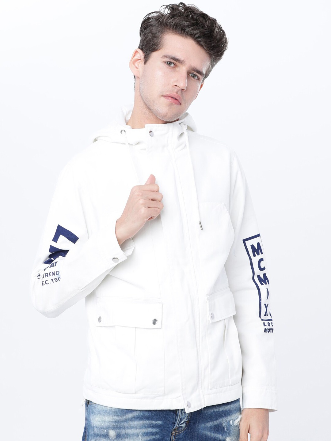 

LOCOMOTIVE Men White Printed Open Front Cotton Shacket