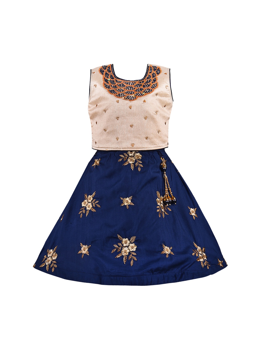 

Wish Karo Girls Navy Blue & Gold-Coloured Ready To Wear Embroidered Silk Lehenga Choli