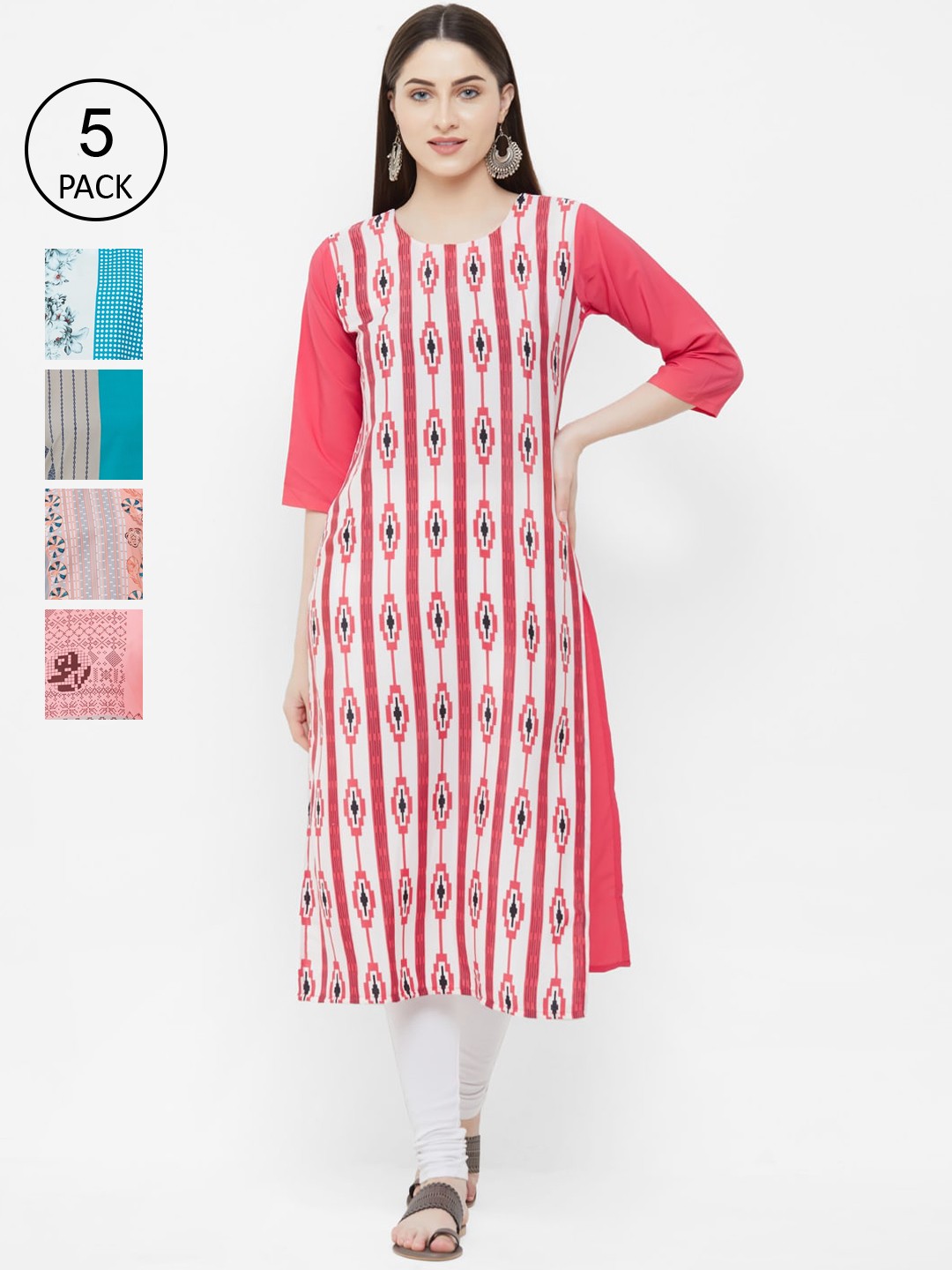 

7Threads Women Set Of 5 Multicoloured Printed Straight Kurta, Pink