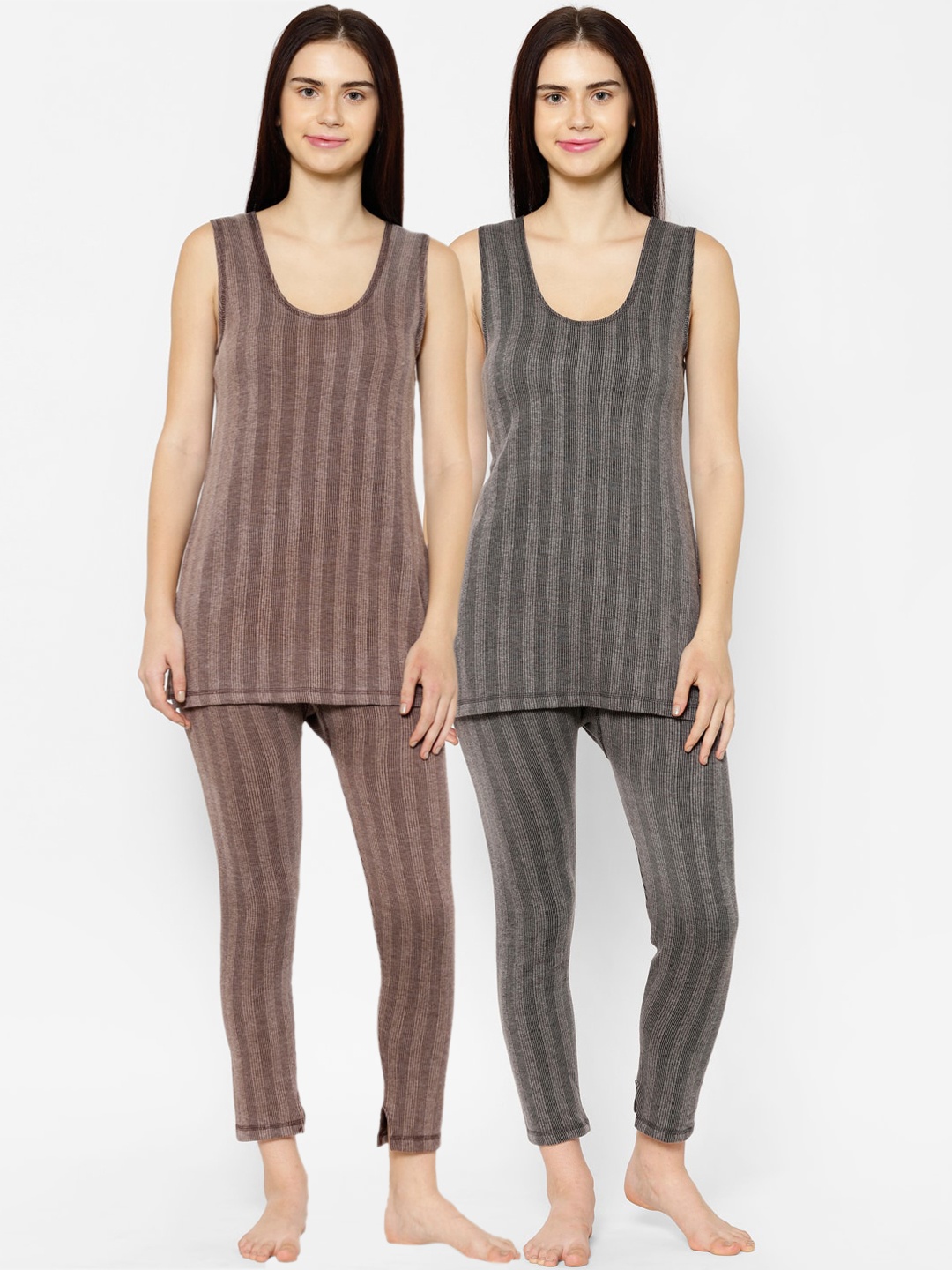 

VIMAL JONNEY Women Pack Of 2 Striped Thermal Sets, Black