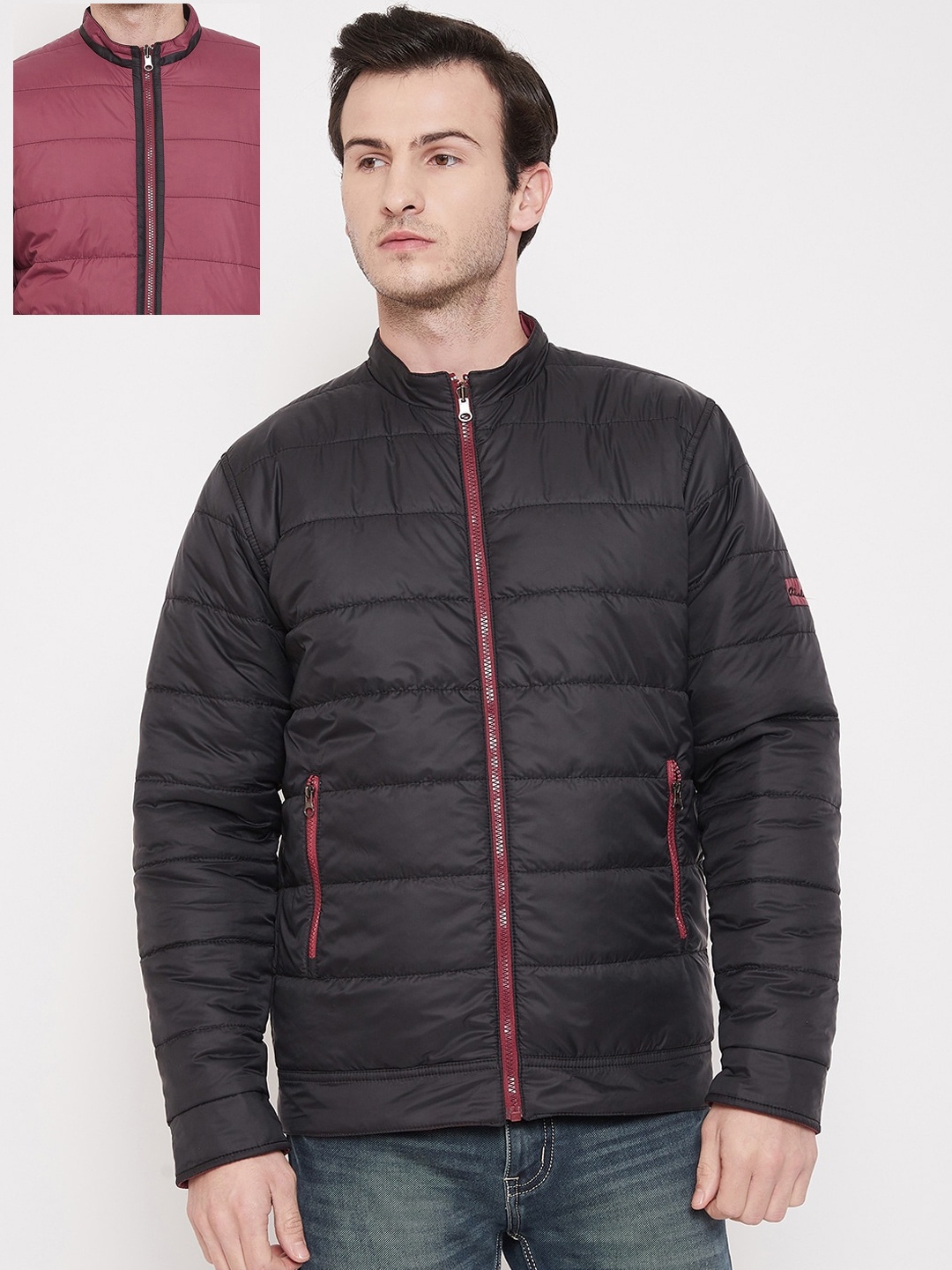 Adobe Men Black & Pink Solid Reversible Padded Jacket