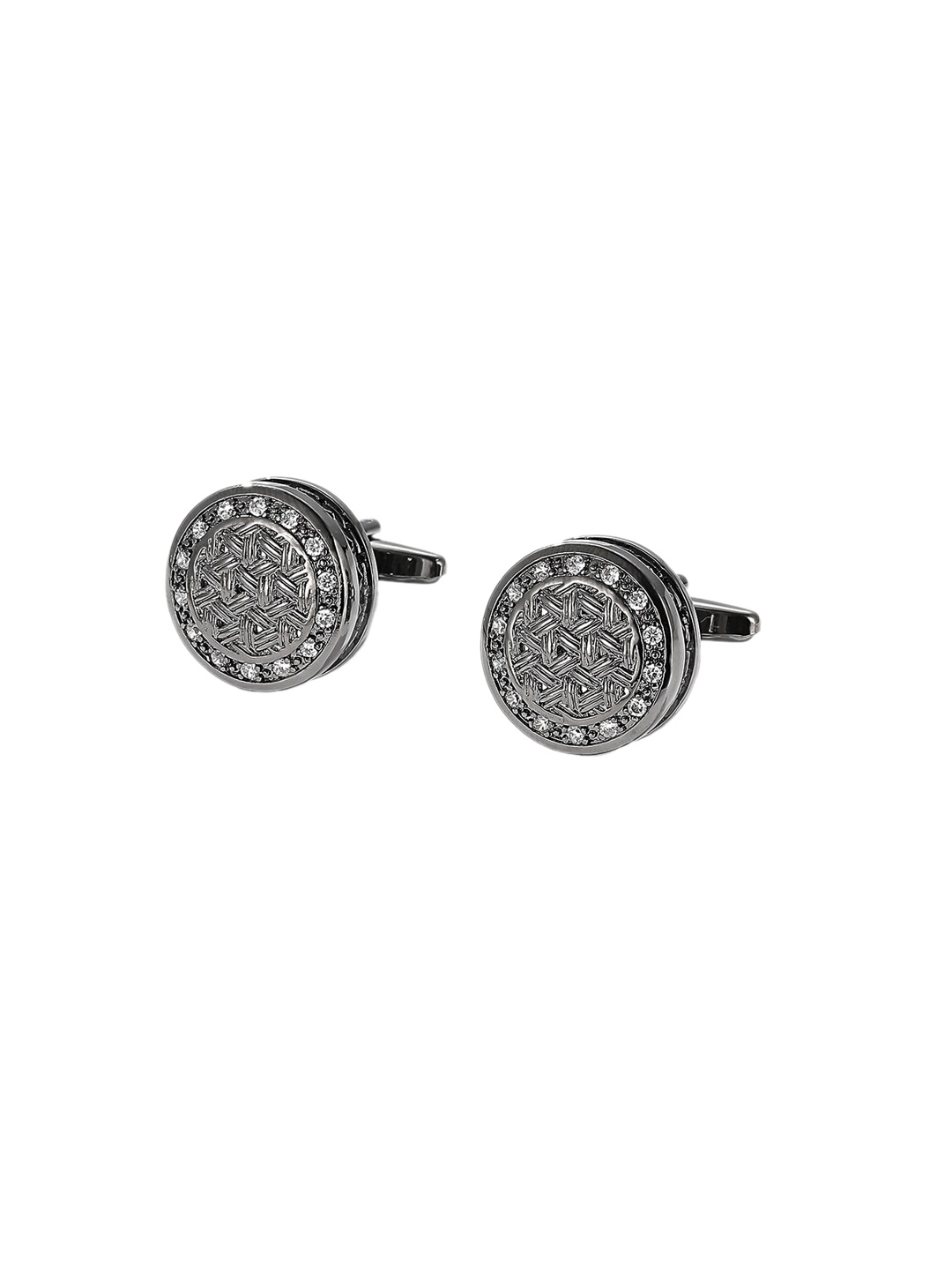 

Yellow Chimes Men Black Woven Design Round Cufflink