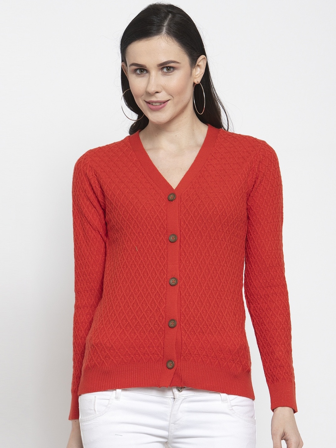 

Kalt Women Rust-Coloured Solid Acrylic Cardigan