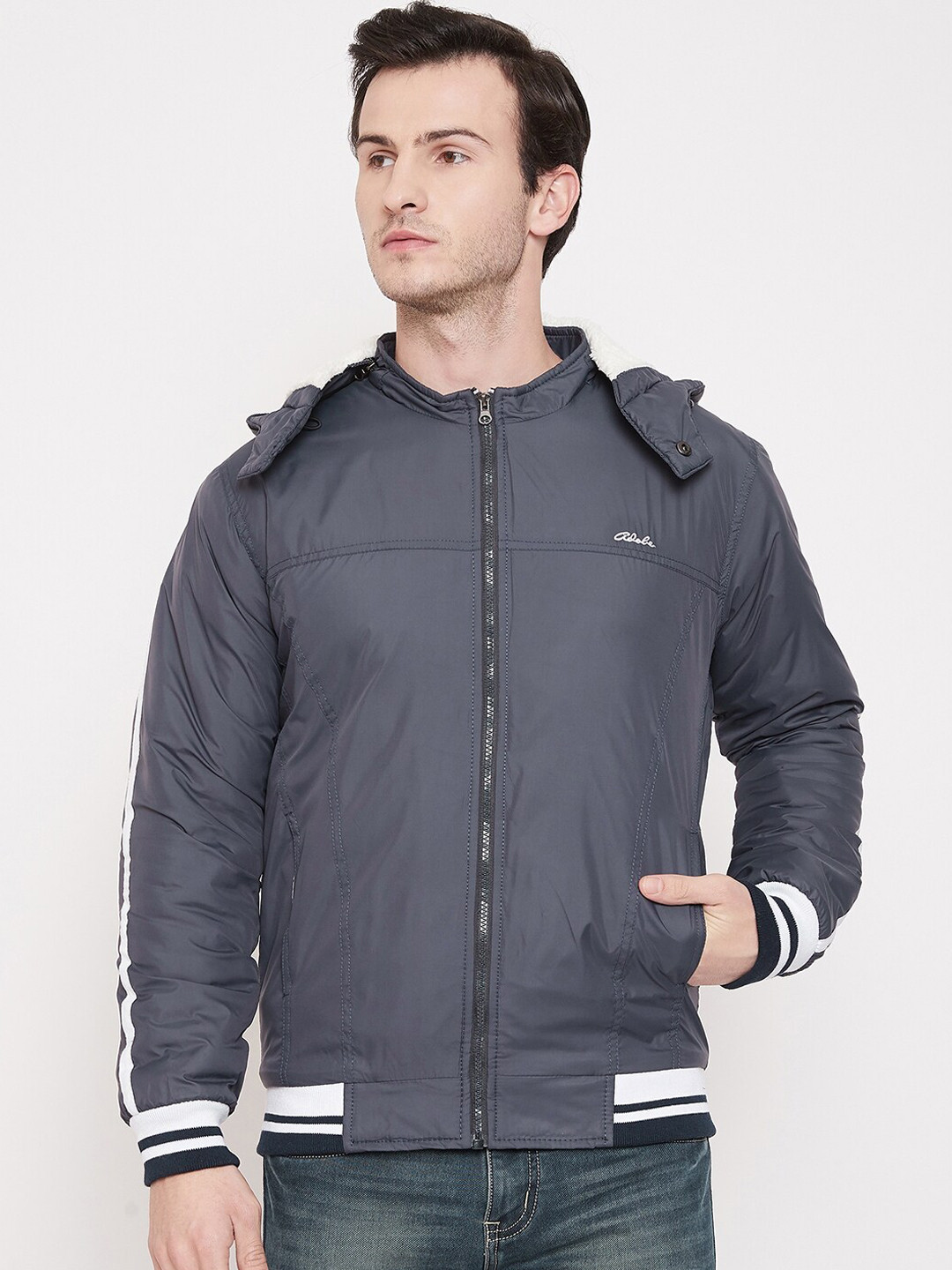 

Adobe Men Navy Blue Striped Bomber Jacket