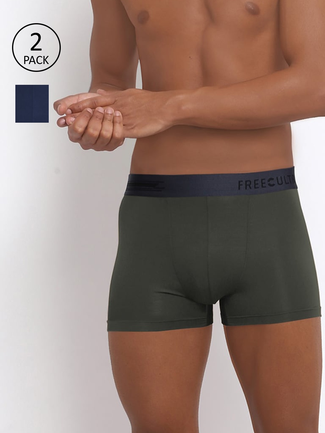 

FREECULTR Men Pack Of 2 Solid Anti-Bacterial Trunks, Navy blue