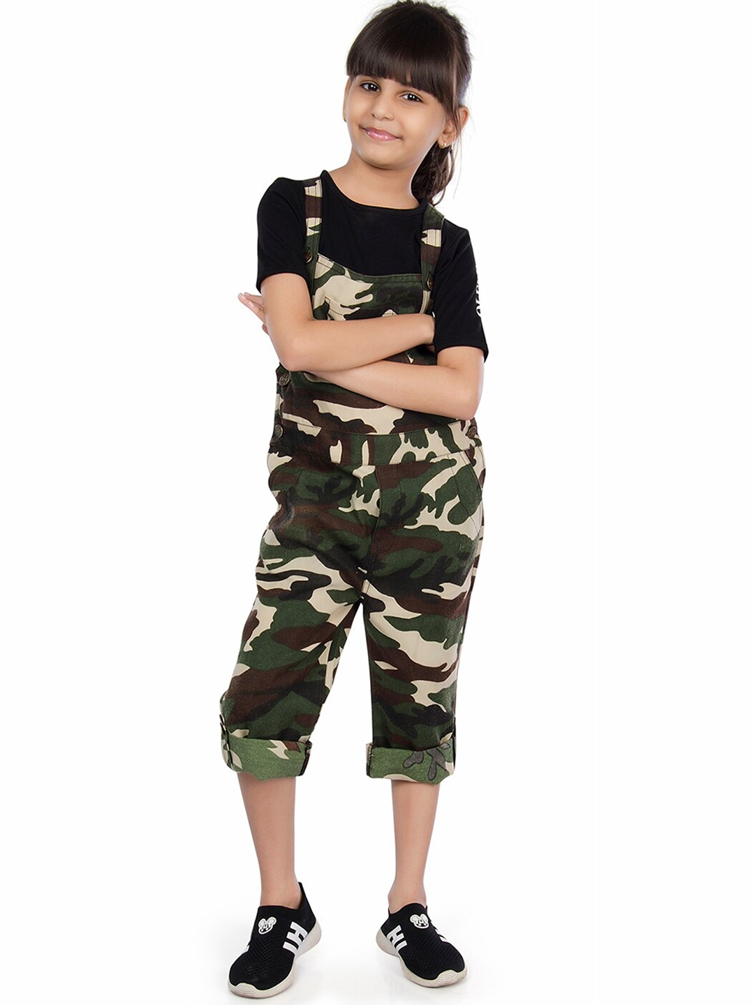 

Olele Girls Green & Brown Military Print Twill Dungaree