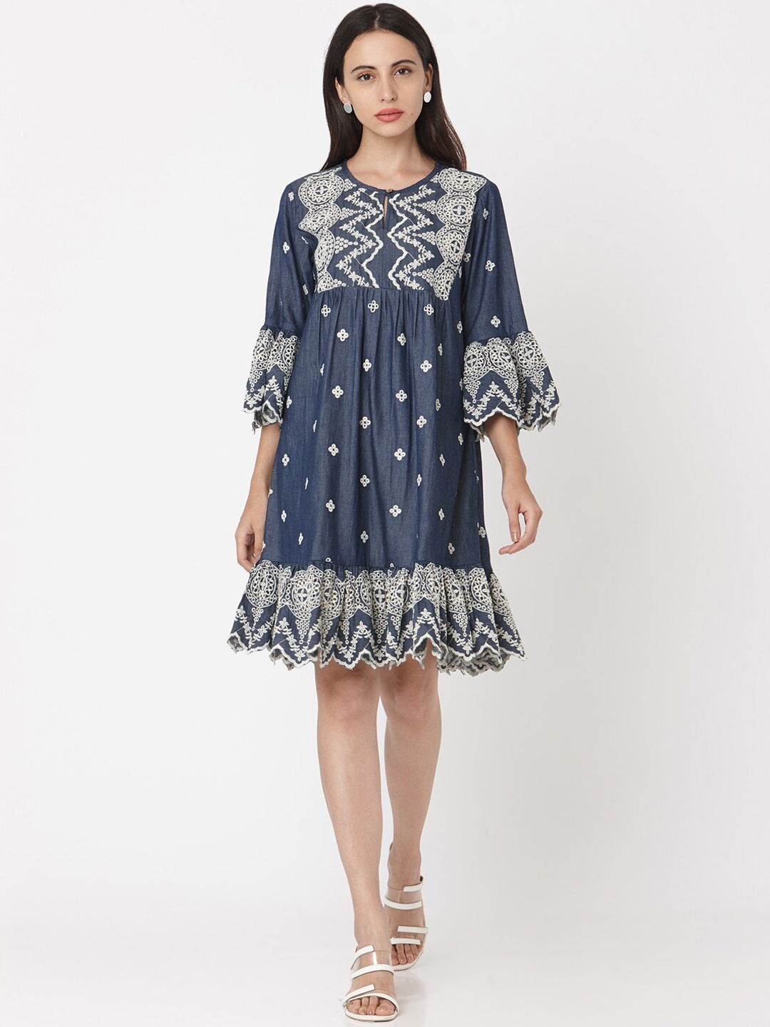 

Saanjh Women Blue Printed Fit and Flare Dress