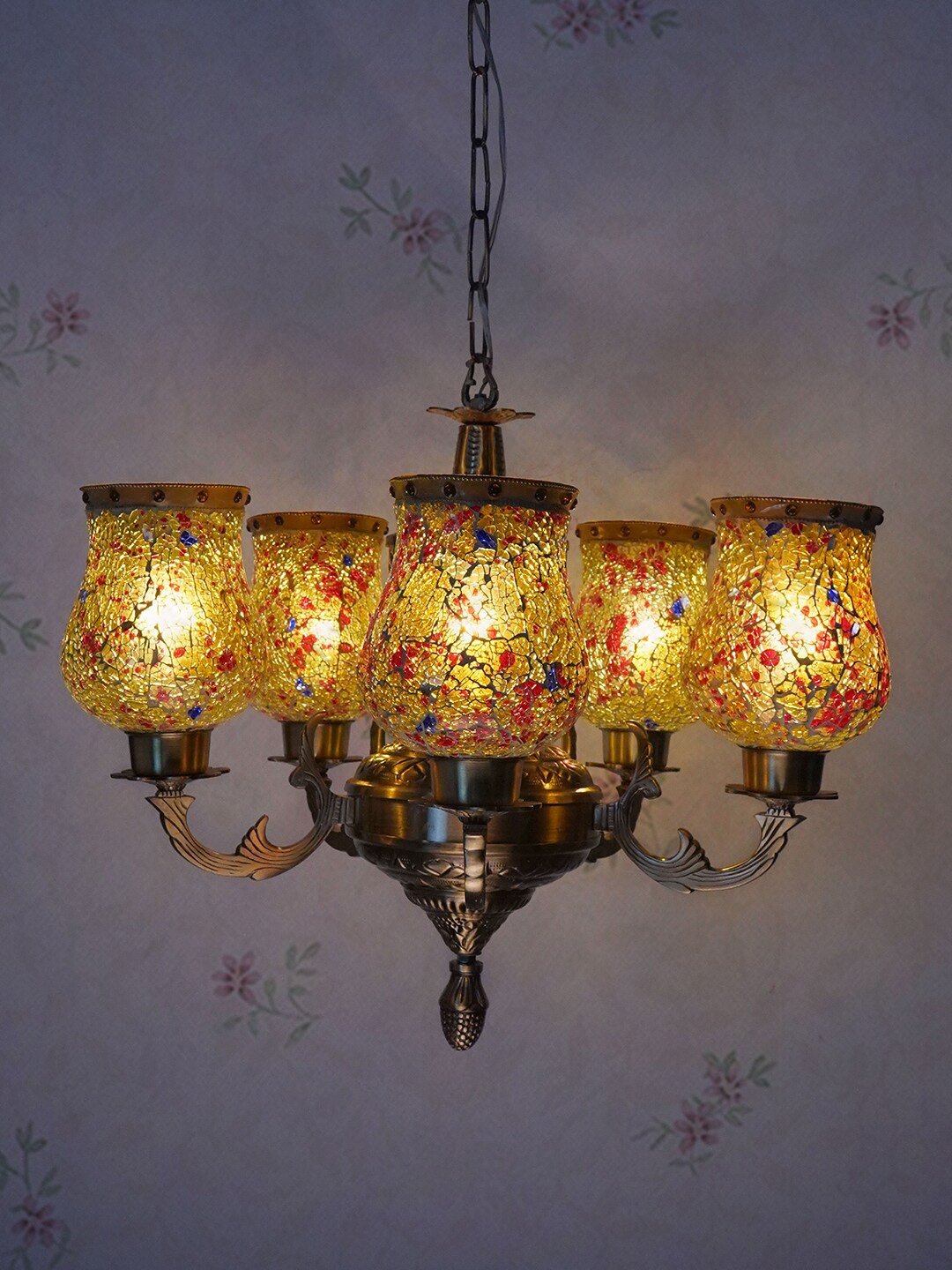 Fos Lighting Gold-Toned & Yellow Self Design Antique Cluster Light