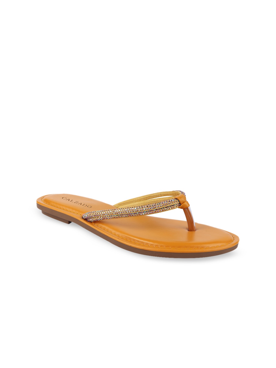 CALZADO Women Mustard Yellow Embellished Open Toe Flats