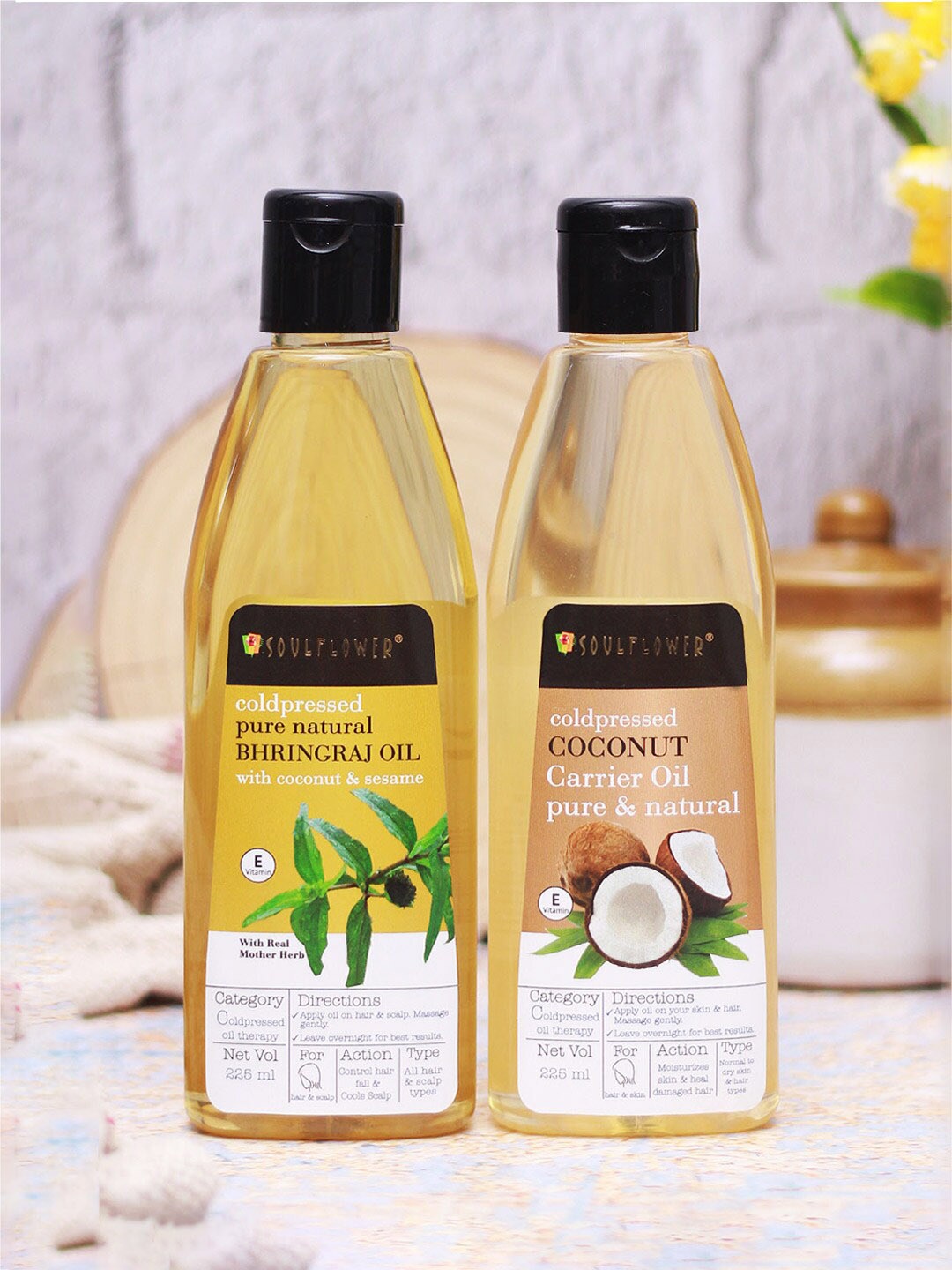 

Soulflower Set of Bhringraj Carrier Oil & Coconut Carrier Oil - 225ml Each, Transparent