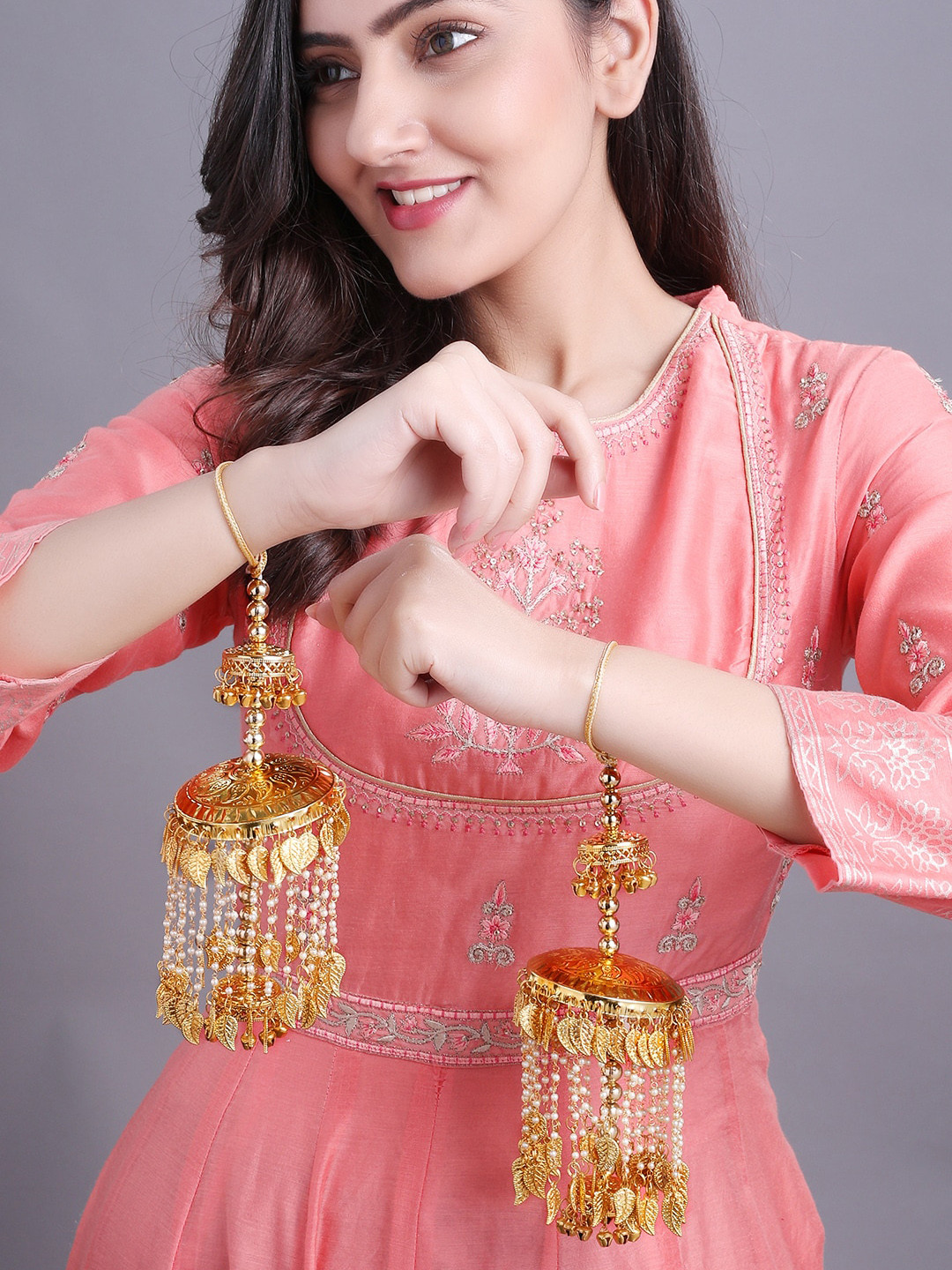 

Rubans Set of 2 Gold-Plated & White Handcrafted Bridal Layered Kaleera Set