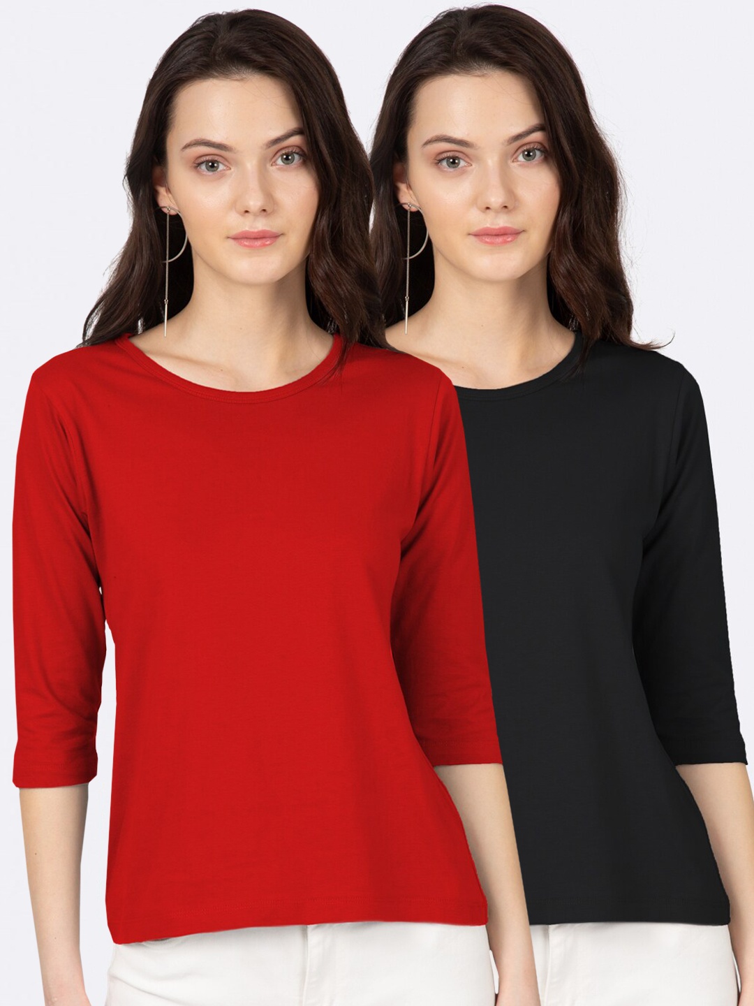 

Bewakoof Women Pack Of 2 Solid Round Neck T-shirts, Red