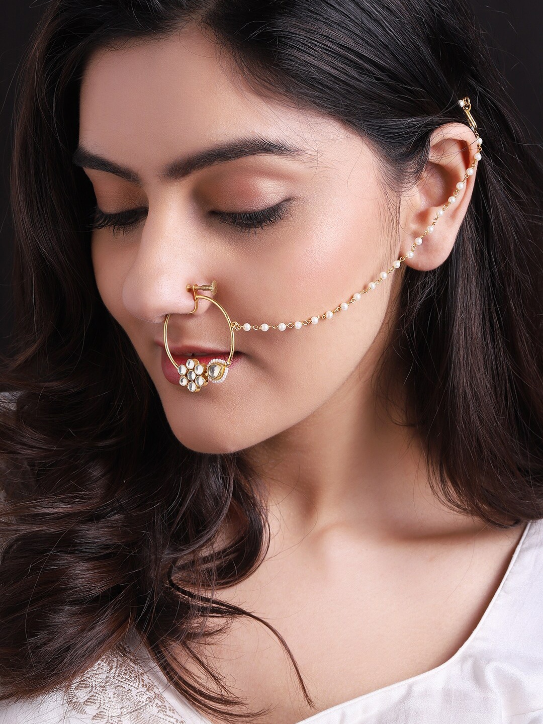 

rubans LUXURY 24K Gold Plated & White Kundan-Studded Chained Nose Ring