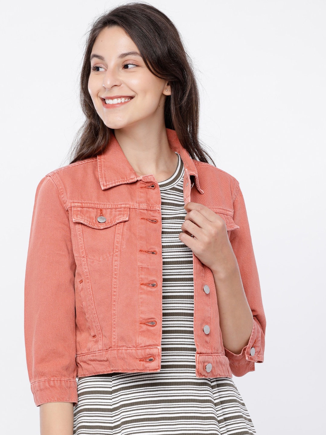 Tokyo Talkies Women Rose Solid Crop Denim Jacket