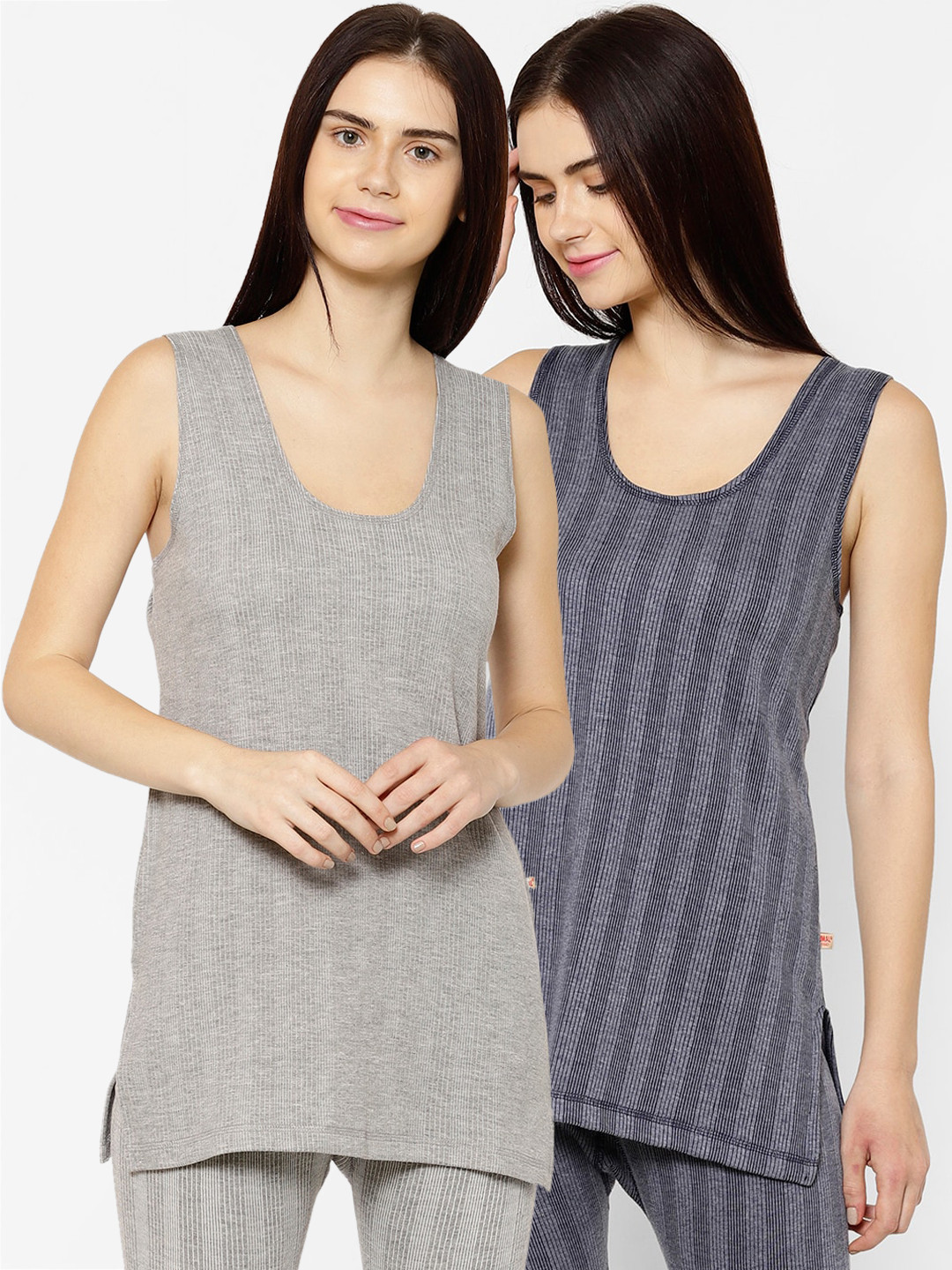 

VIMAL JONNEY Women Pack Of 2 Striped Thermal Tops, Grey