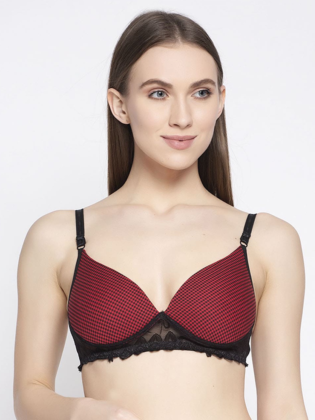 

Quttos Women Red & Black Lace Non-Wired Lightly-Padded T-Shirt Bra QT-BR-4024