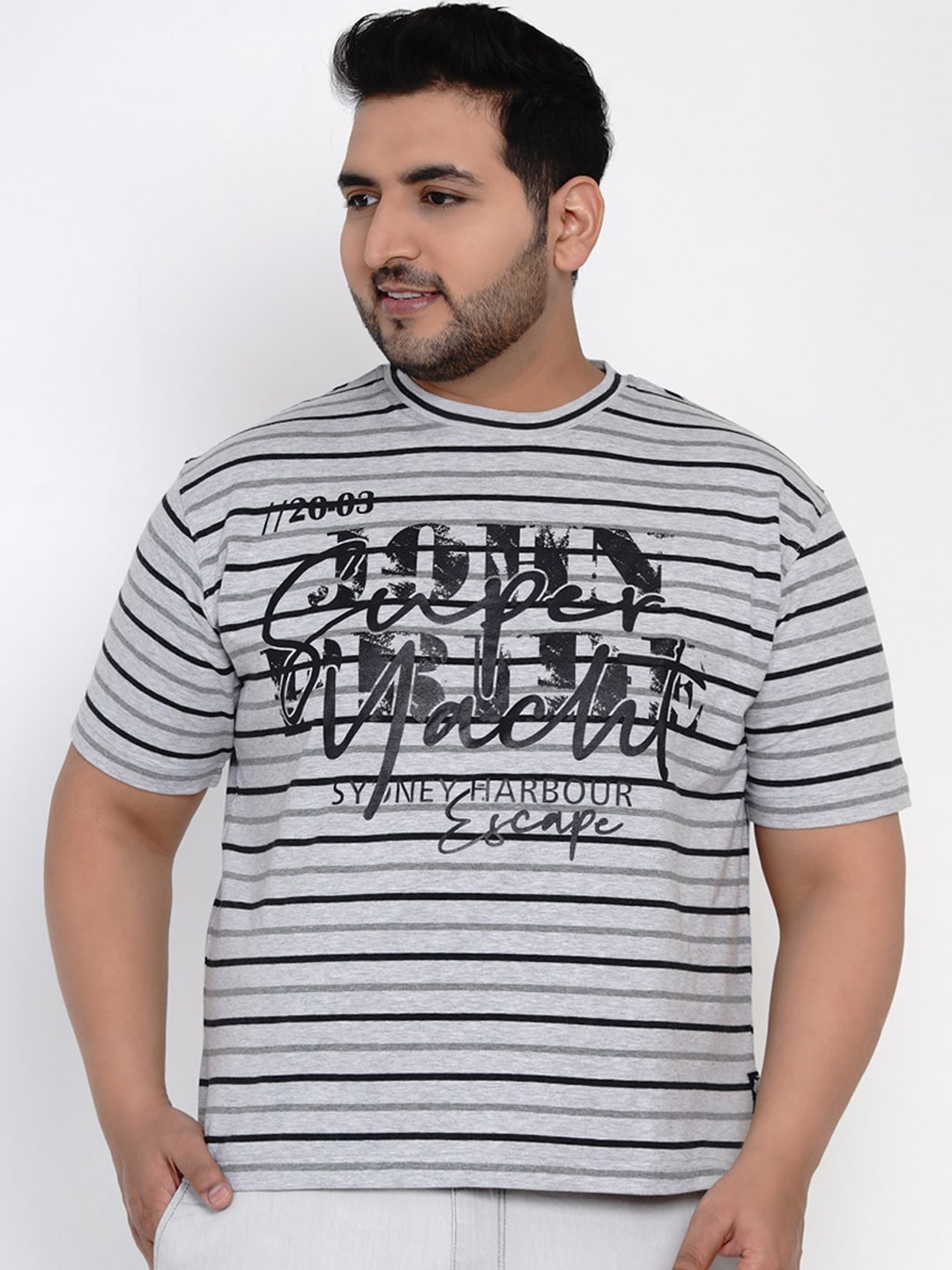 

John Pride Plus Size Men Grey Striped Round Neck T-shirt