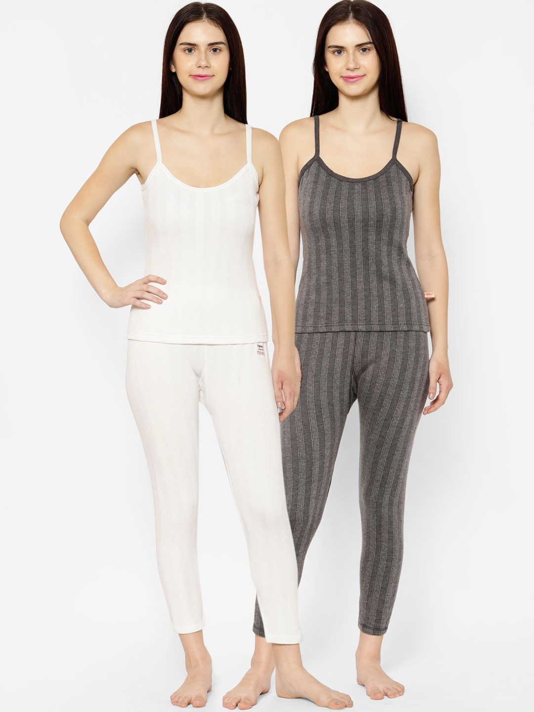 

VIMAL JONNEY Women Pack Of 2 Striped Thermal Sets, Grey