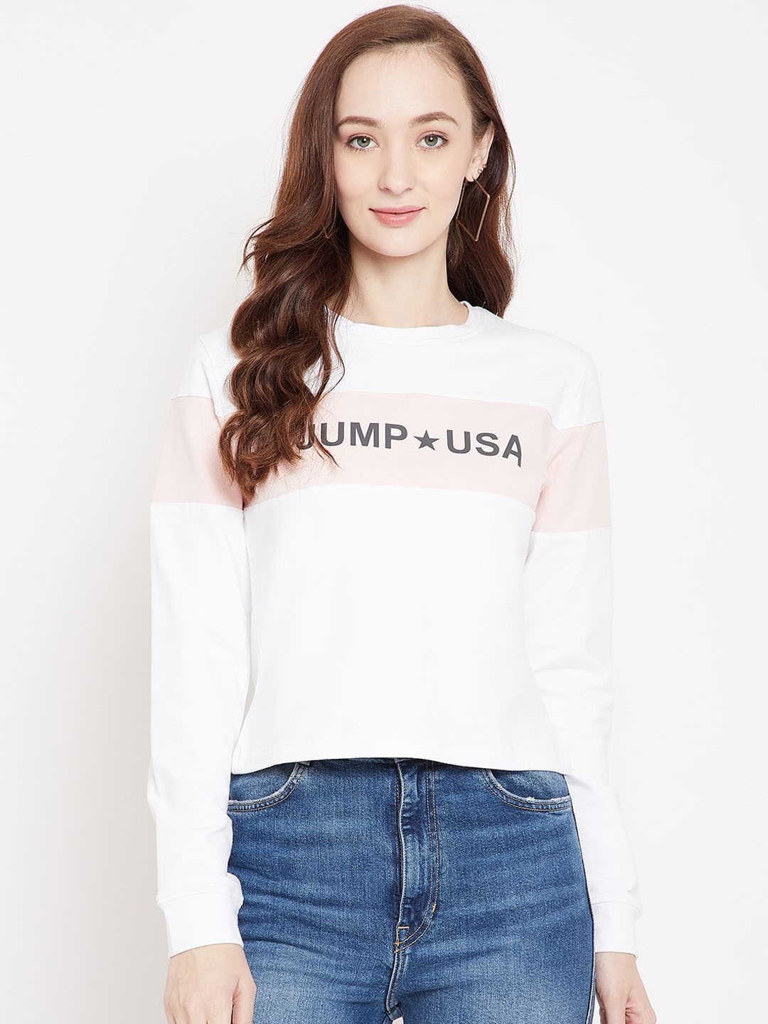 

JUMP USA Women White & Pink Colourblocked Sweatshirt