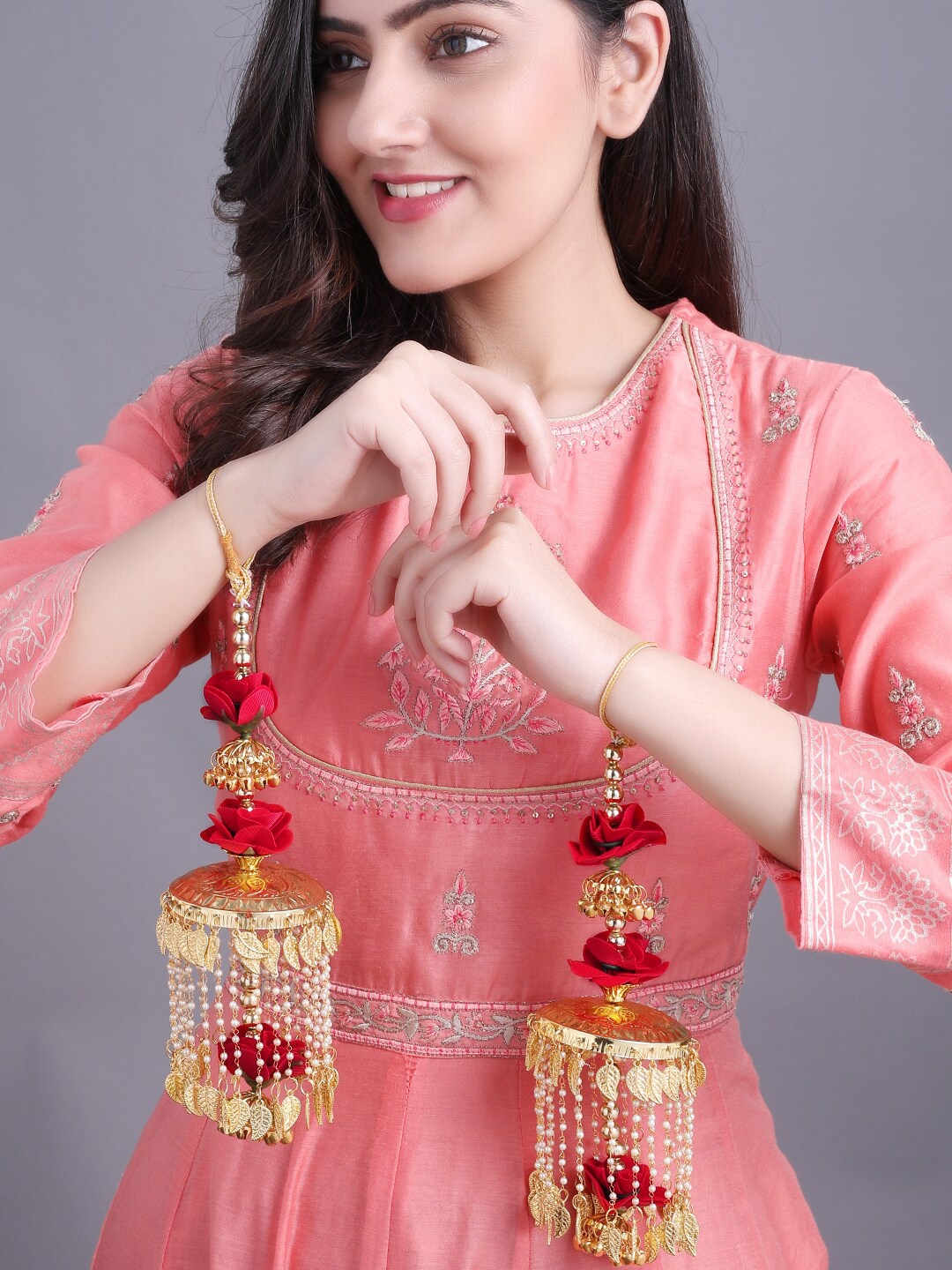 

Rubans Set Of 2 Gold-Plated Red Floral & Leaf-Shaped Layered Handcrafted Kaleeras