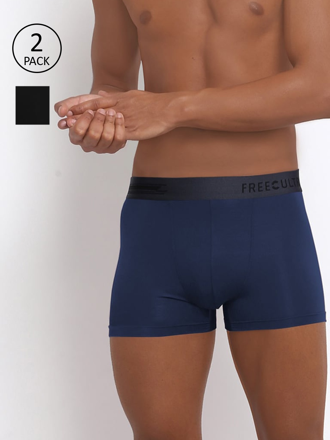 

FREECULTR Men Pack of 2 Black & Blue Solid Trunks