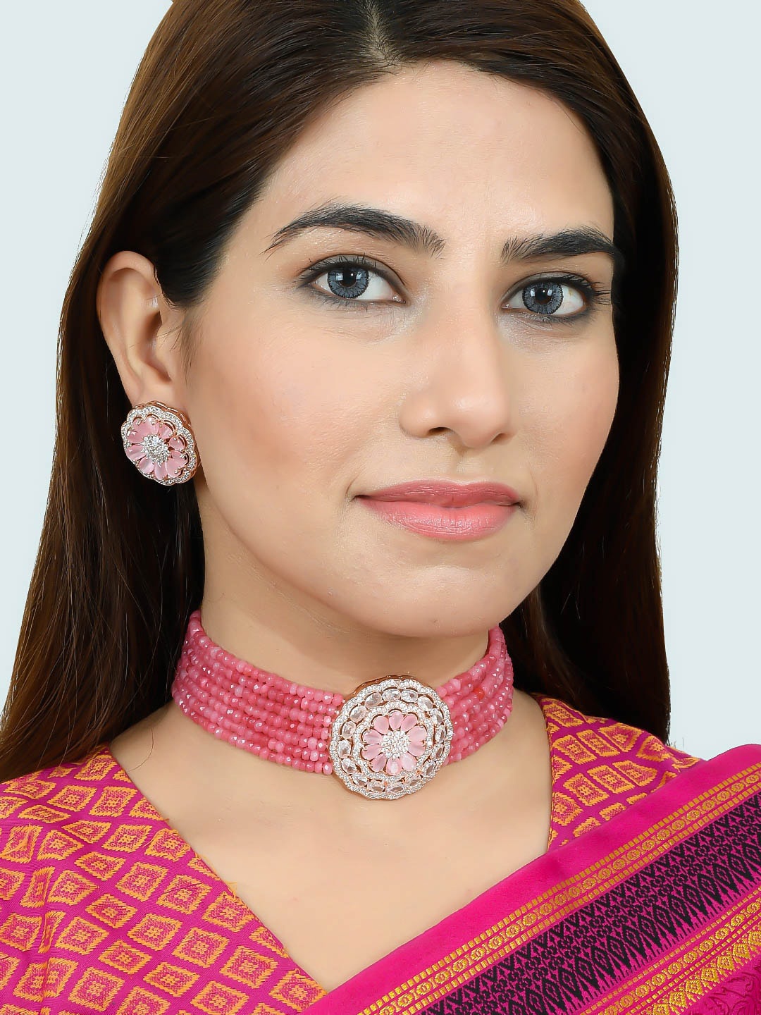 

Silvermerc Designs Gold-Plated Pink & White CZ Studded Choker Jewellery Set