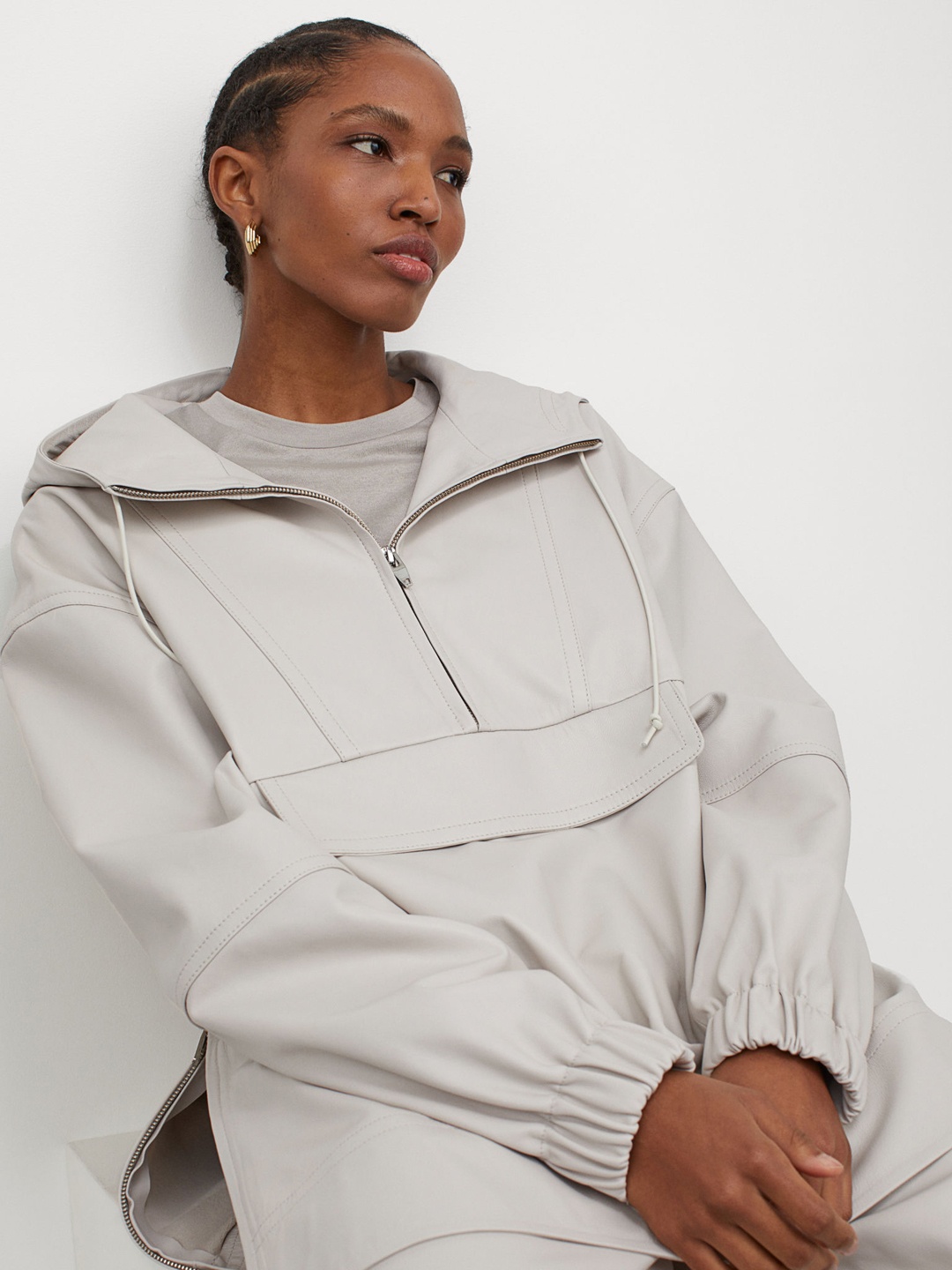 H&M Women Off-White Solid Leather Popover Jacket