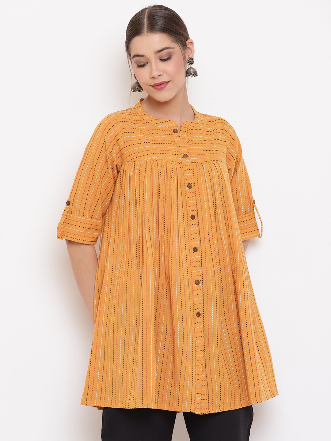 

Janasya Women Striped Roll Up Sleeves Cotton Tunic, Mustard