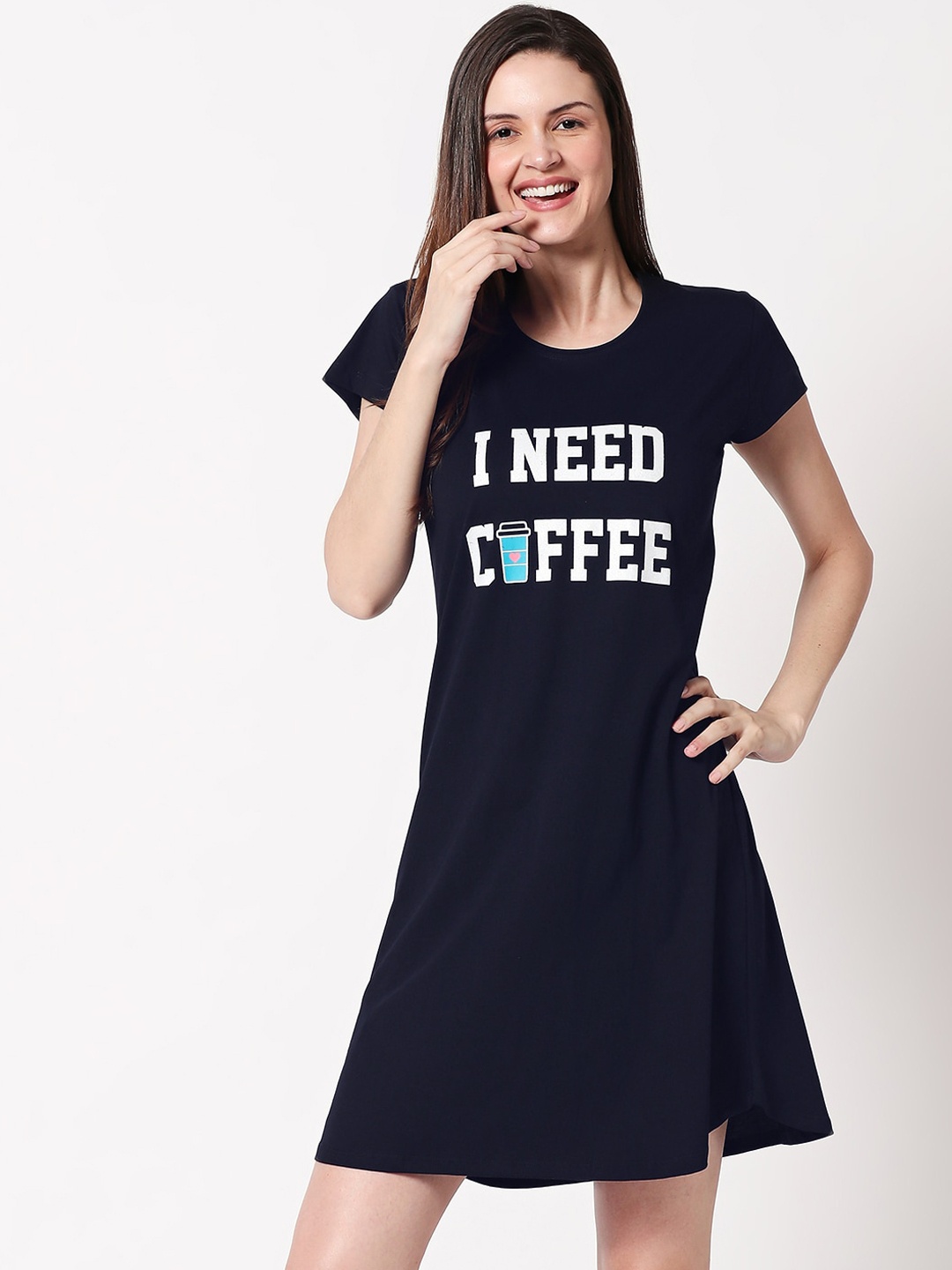 

Zeyo Women Navy Blue & White Printed Nightdress