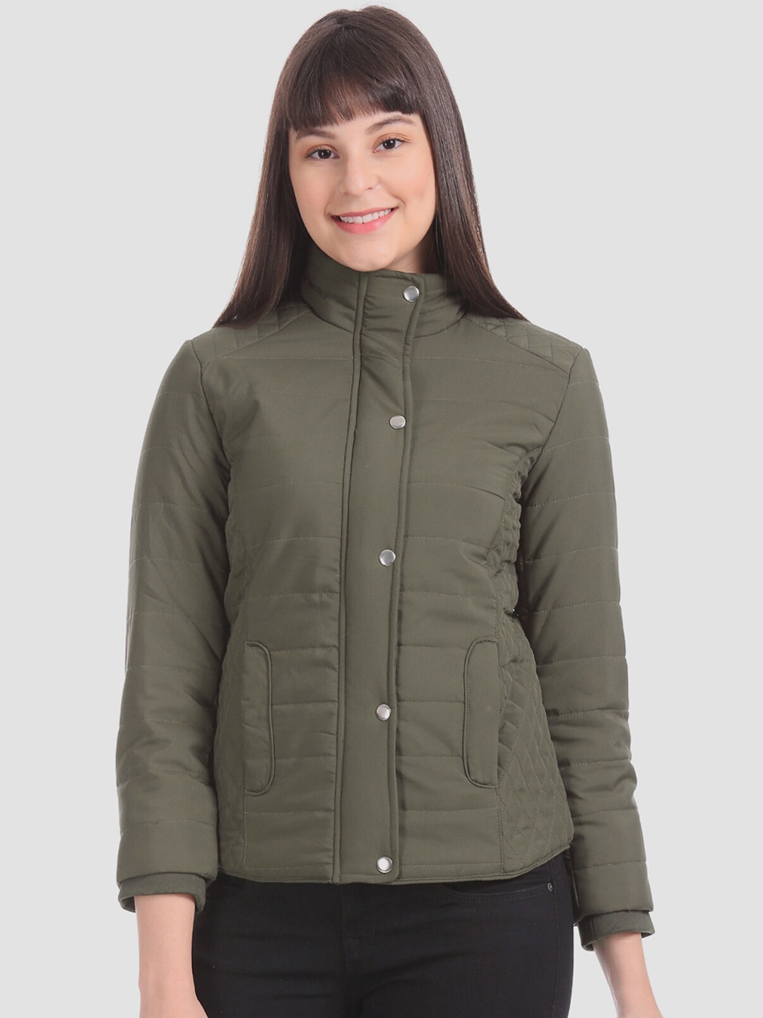 

Flying Machine Women Olive Green Solid Quilted Jacket