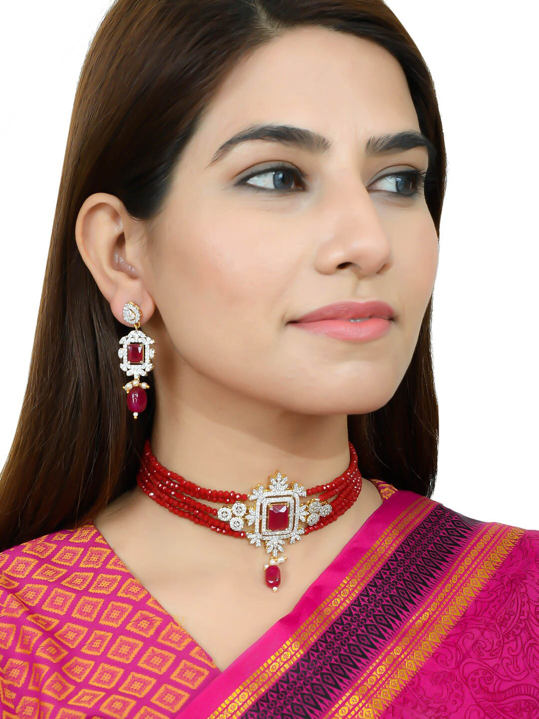 

Silvermerc Designs Gold-Plated Red & White AD Studded Handcrafted Jewellery Set