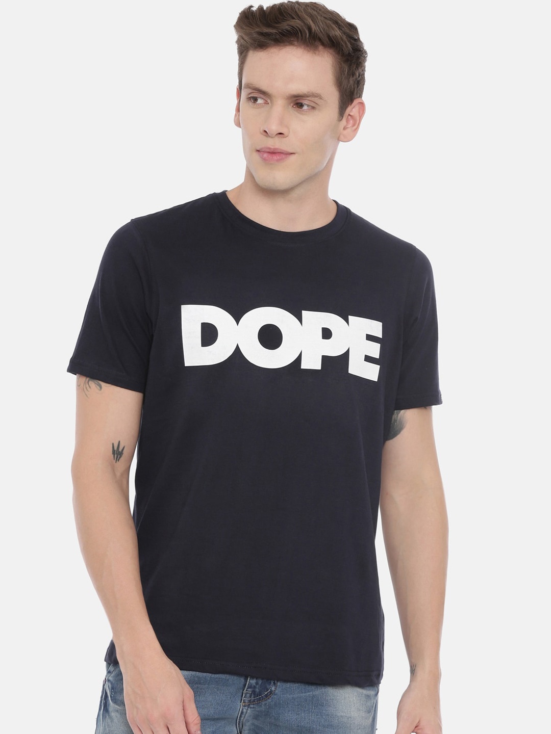

Bushirt Men Navy Blue Printed Round Neck T-shirt