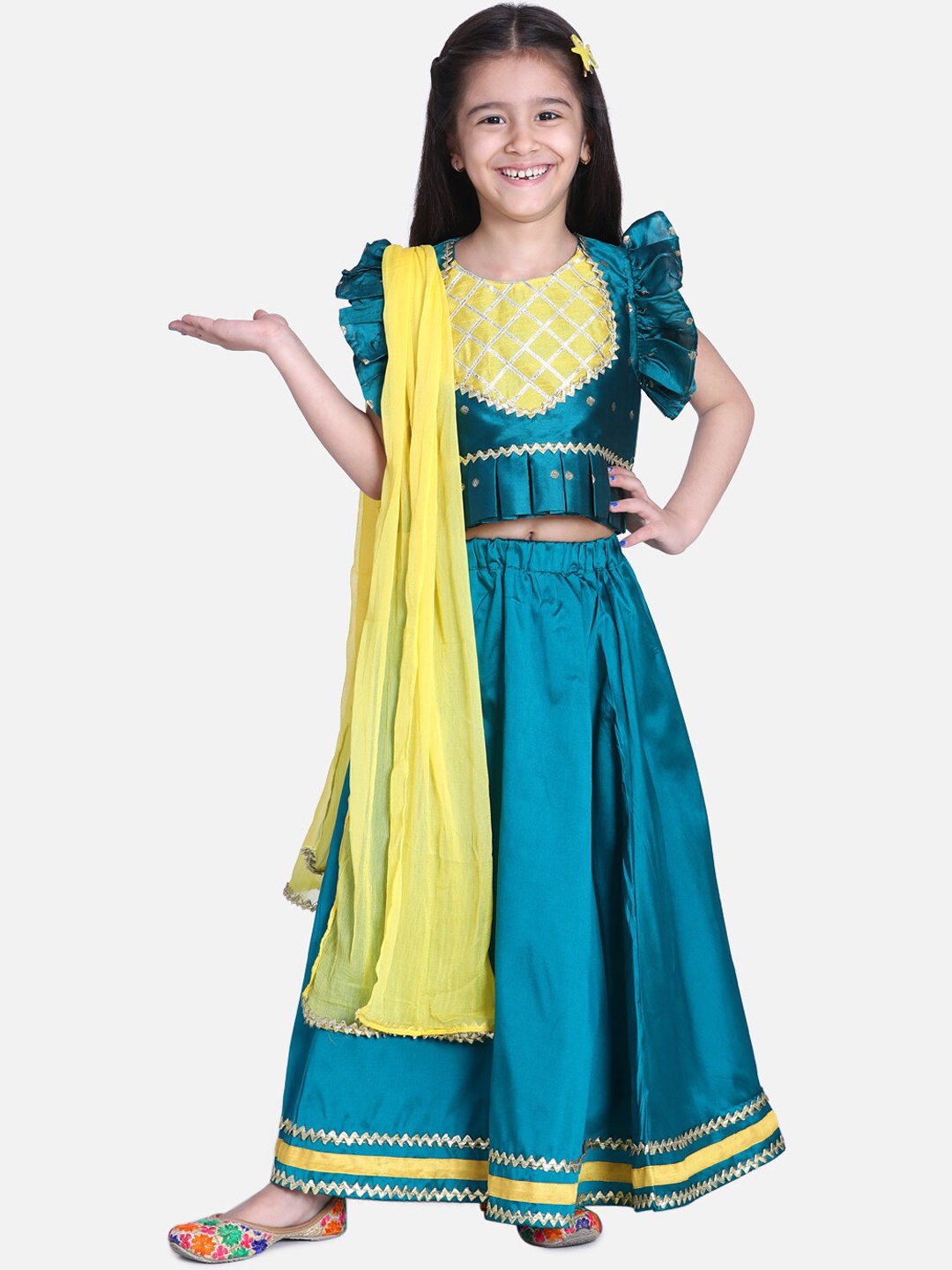 

BownBee Girls Blue & Yellow Solid Ready to Wear Lehenga & Blouse with Dupatta