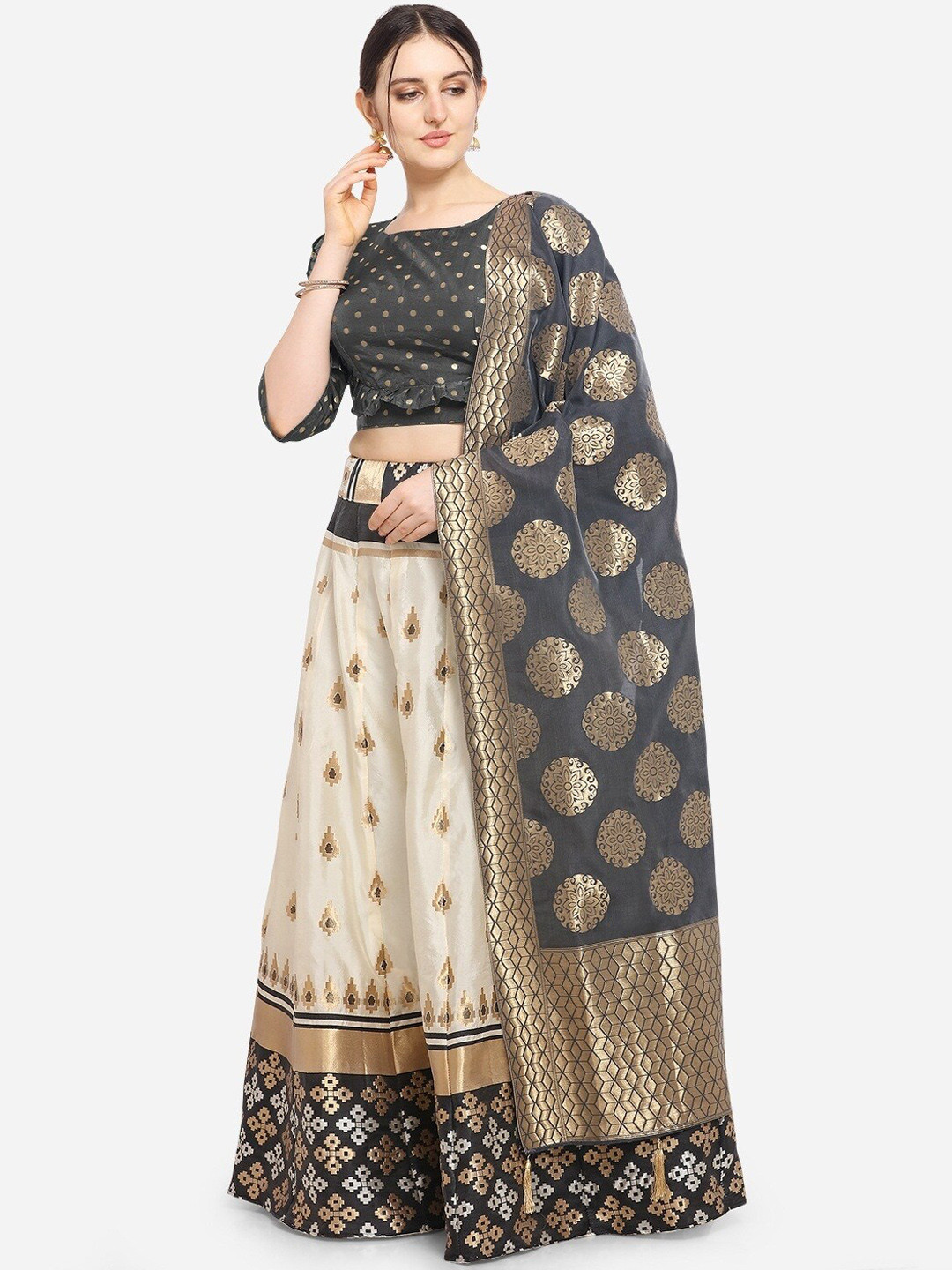 

PURVAJA Women Cream-Coloured & Grey Printed Semi-Stitched Lehenga & Unstitched Blouse with Dupatta