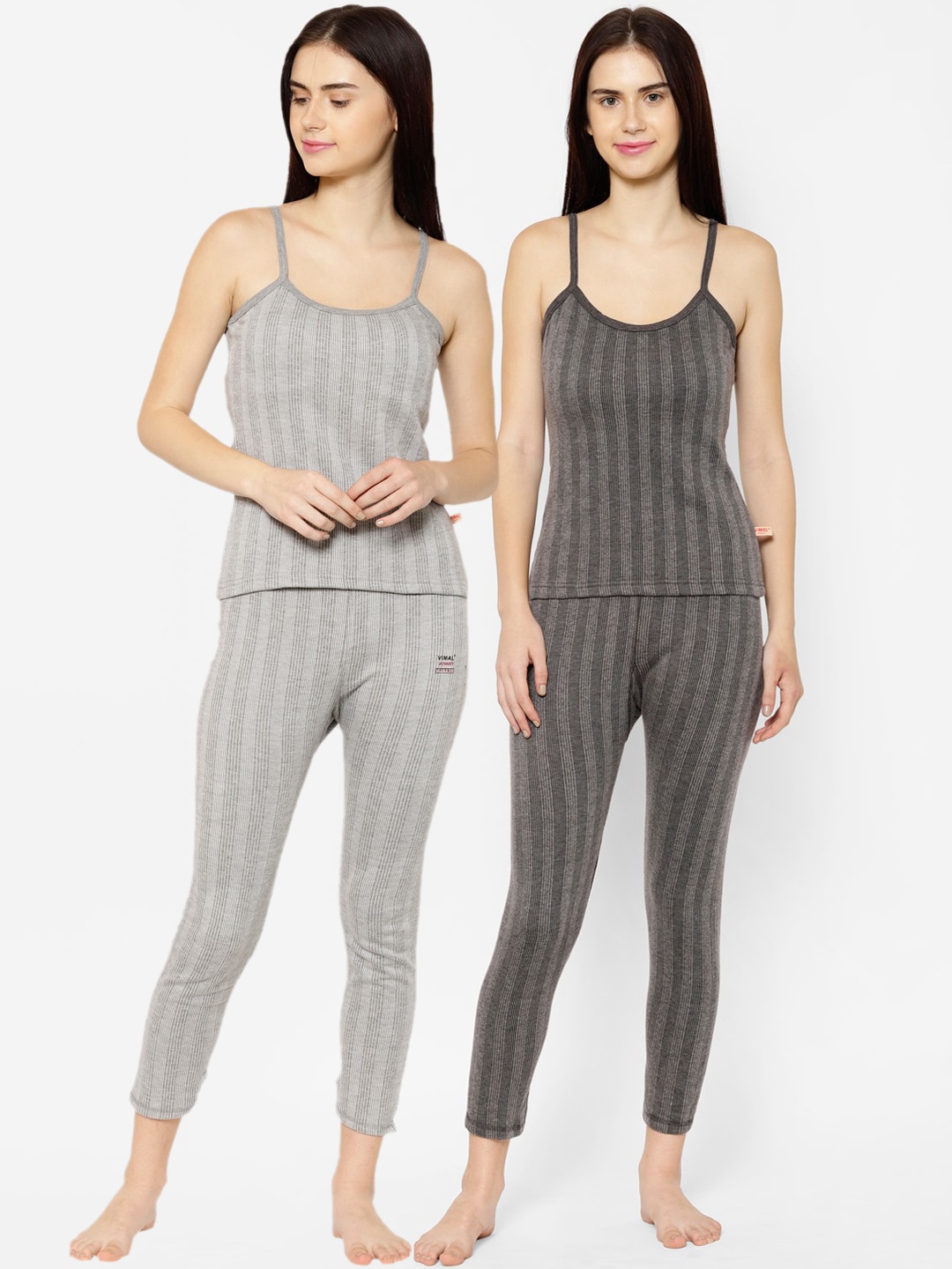 

VIMAL JONNEY Women Pack Of 2 Striped Thermal Sets, Grey