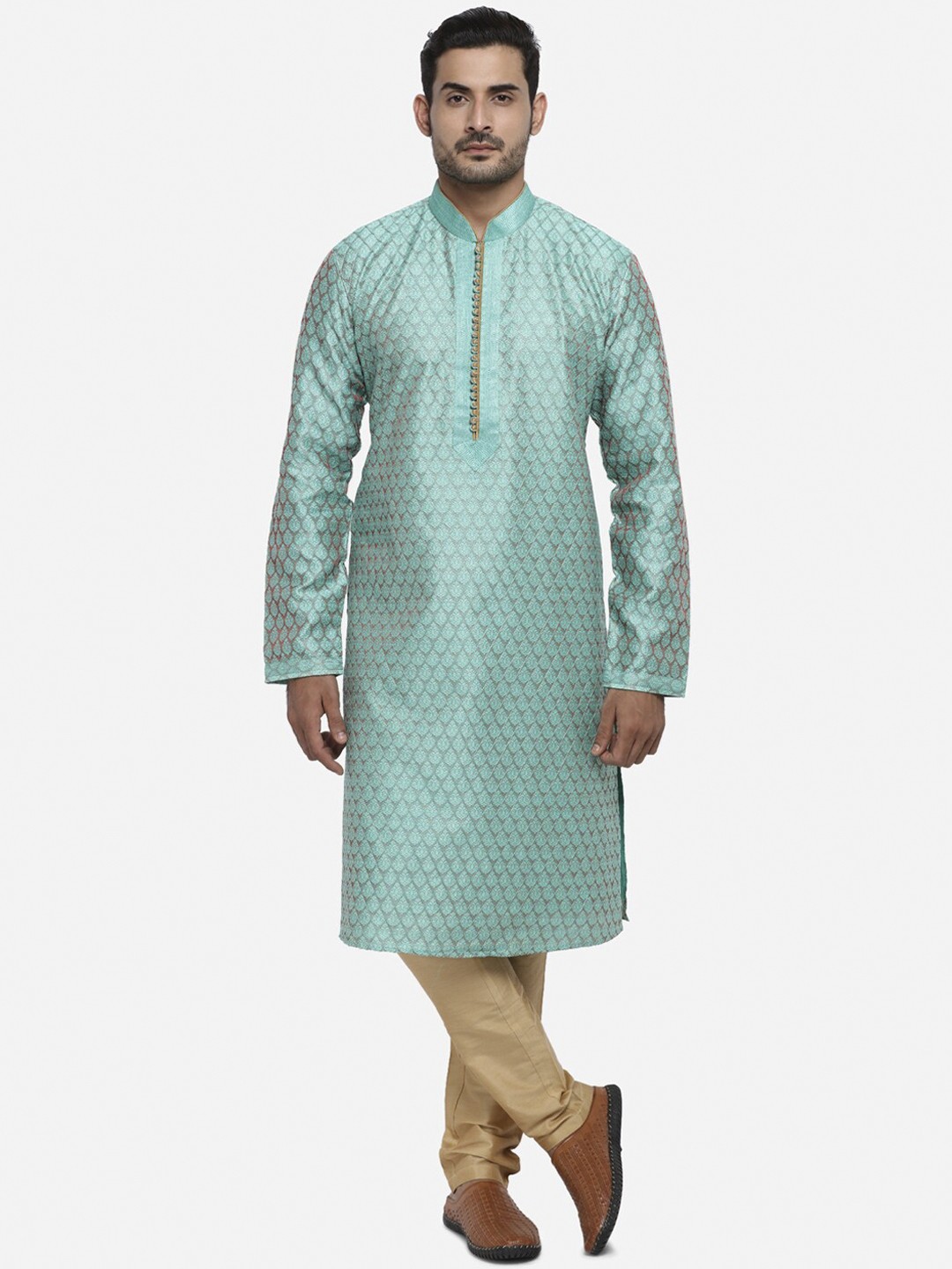 

azania Men Green & Gold-Toned Self Design Kurta with Pyjamas