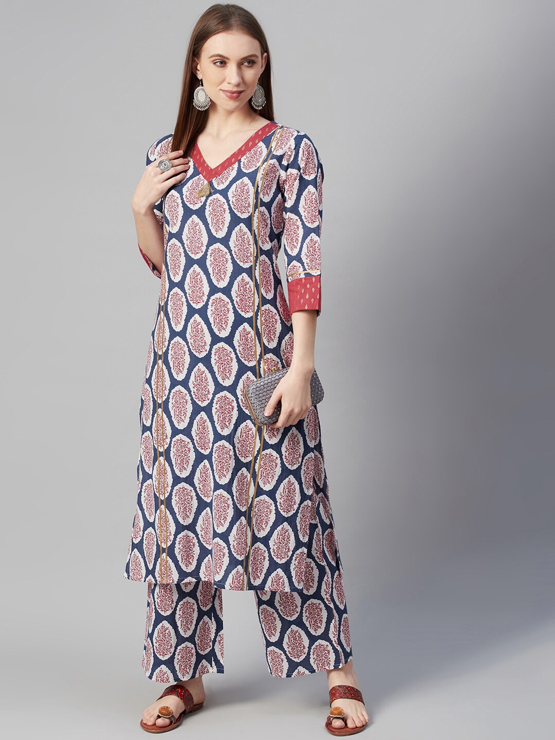 

ZIYAA Women Blue Printed Straight Cotton Kurta
