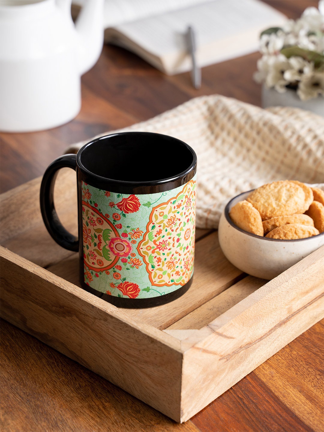 

KOLOROBIA Sea-Green & Peach-Coloured Printed Ornate Mughal Ceramic Coffee Mug