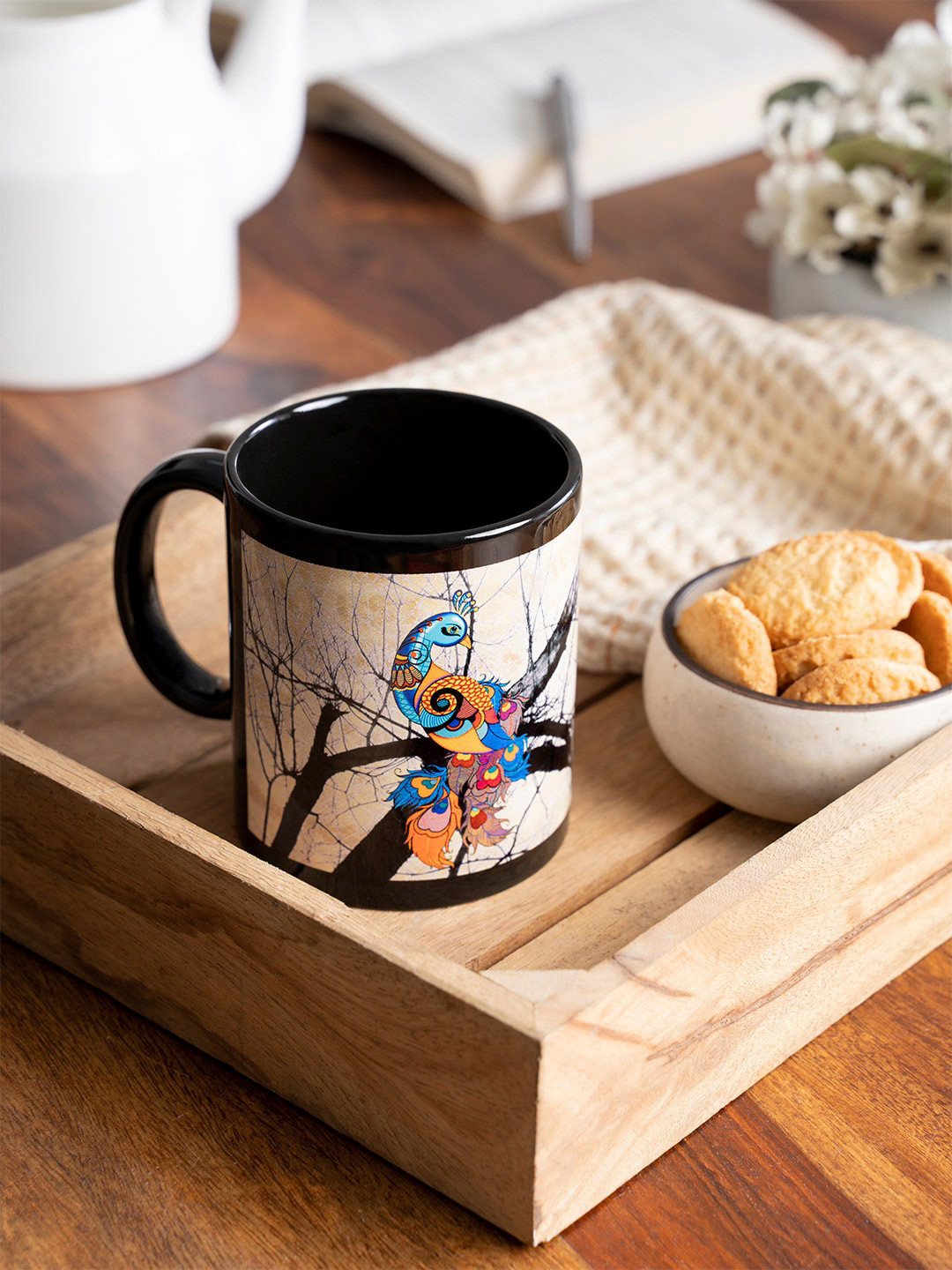 KOLOROBIA Black & Blue Charismatic Peacock Printed Ceramic Mug