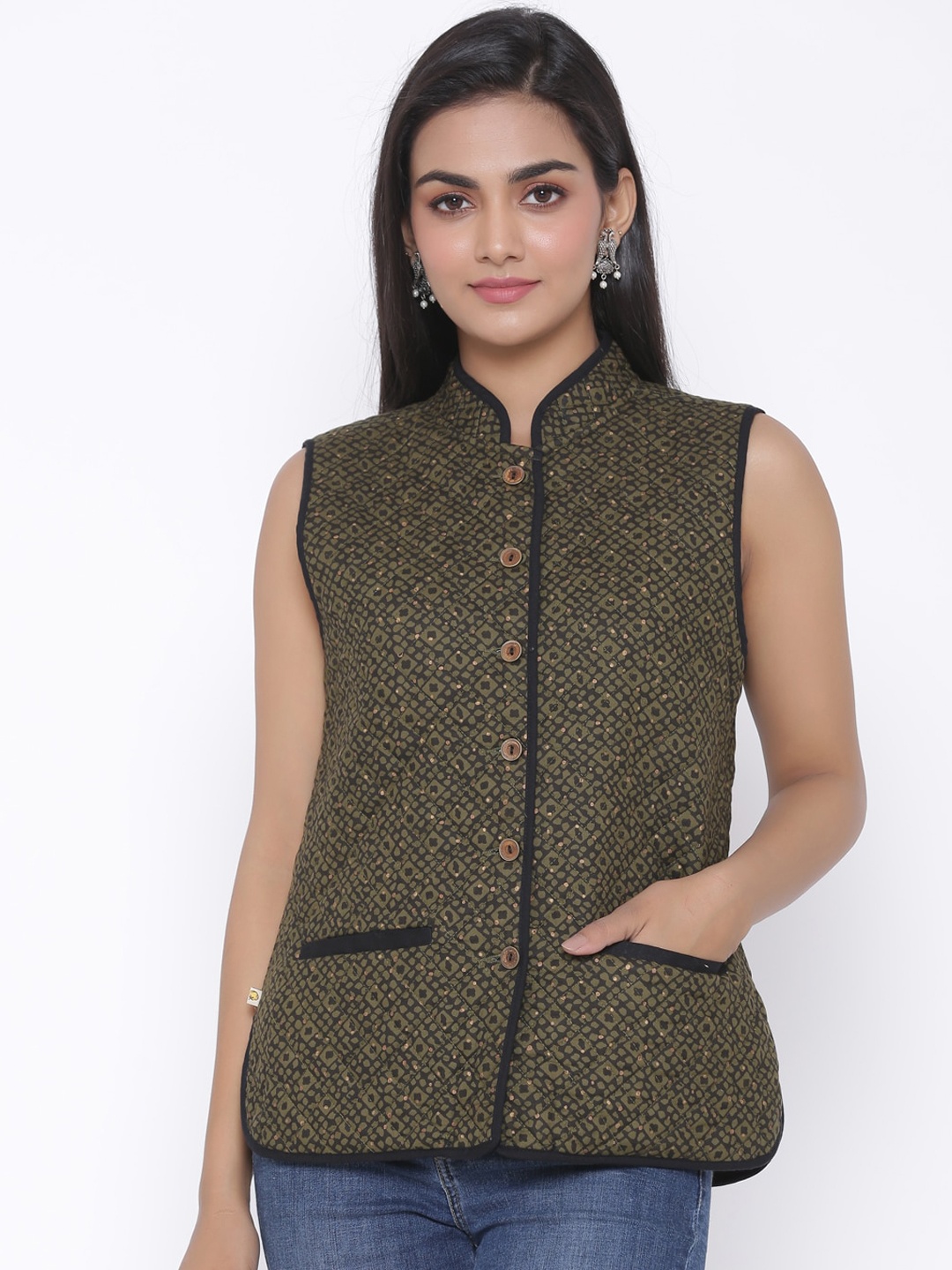 fabGLOBAL Women Green Printed Tailored Jacket