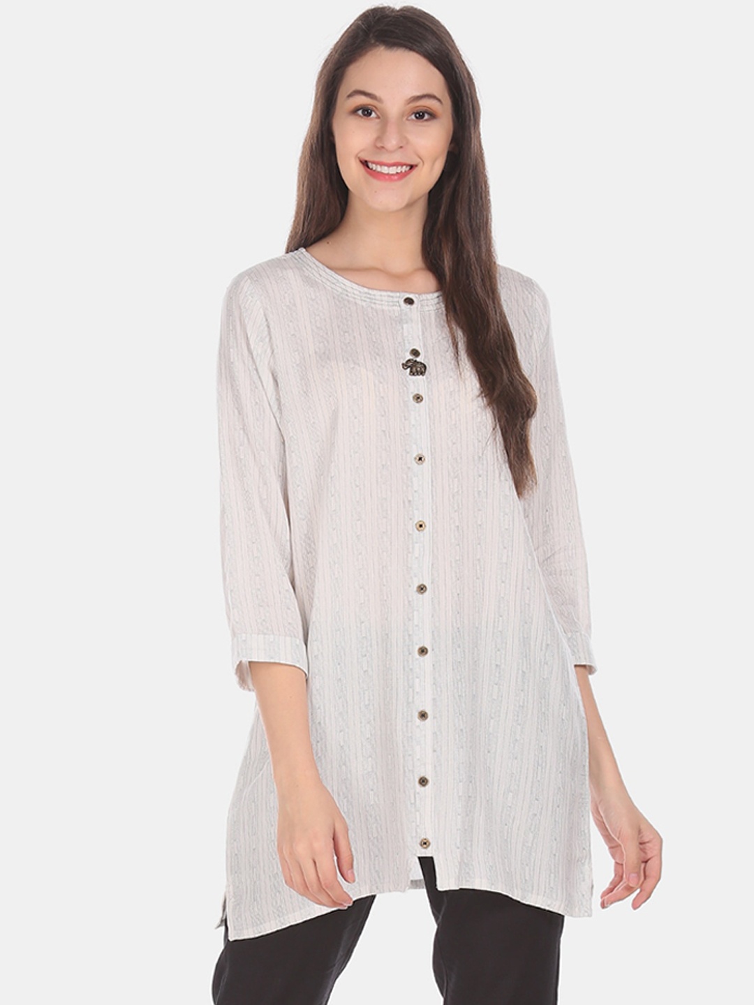 

Karigari Women Beige Striped Longline Top