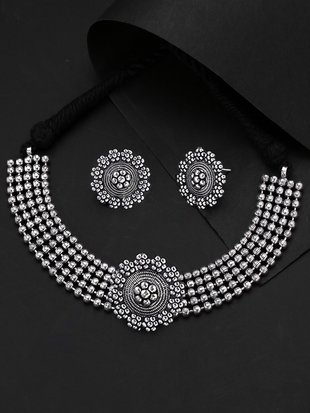 

Yellow Chimes Oxidised Silver-Plated Choker Necklace With Earrings Set